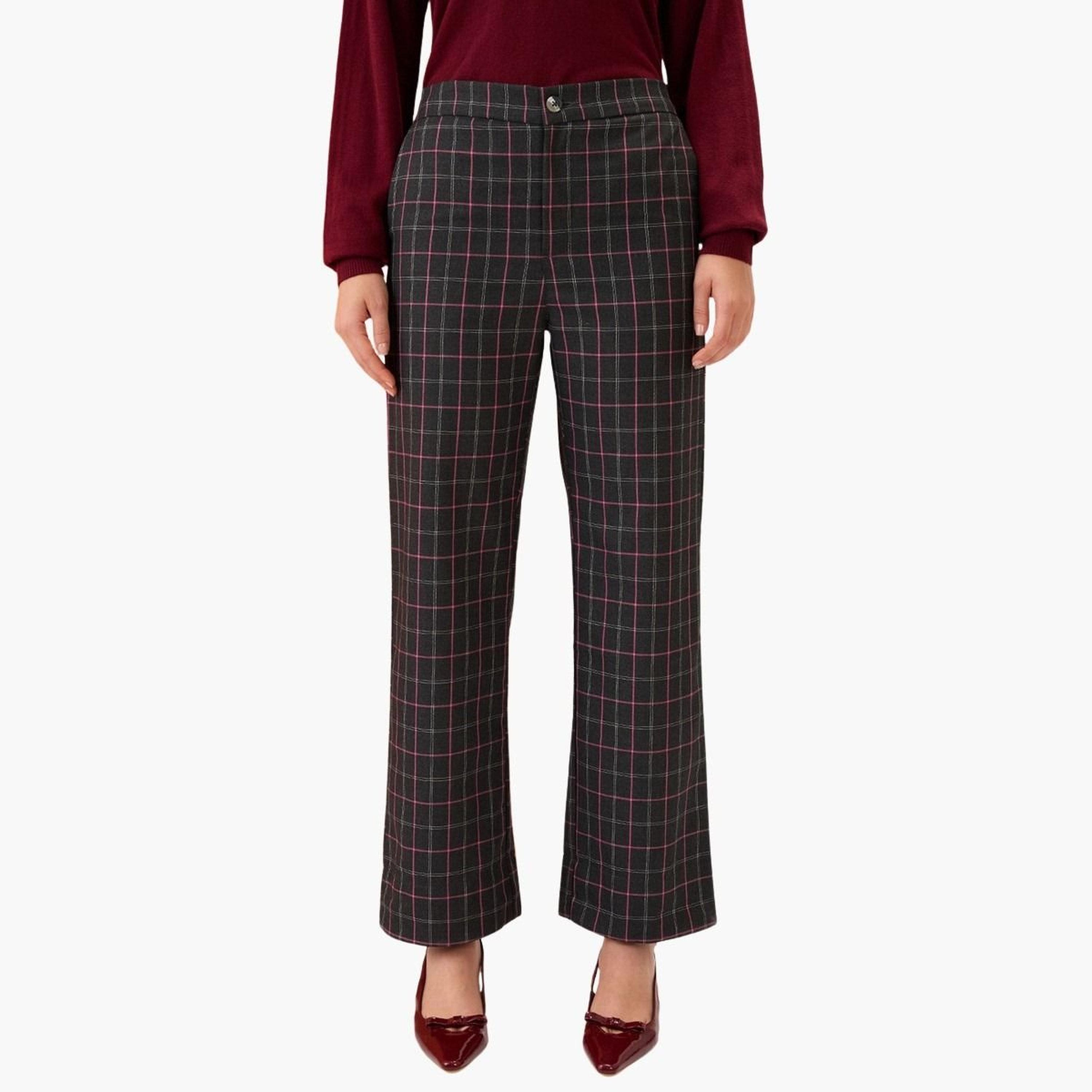 Globus X Styli Women Black Checkered Mid-Rise Straight Fit Trousers-women-clothing-bottoms-trousers-image-1