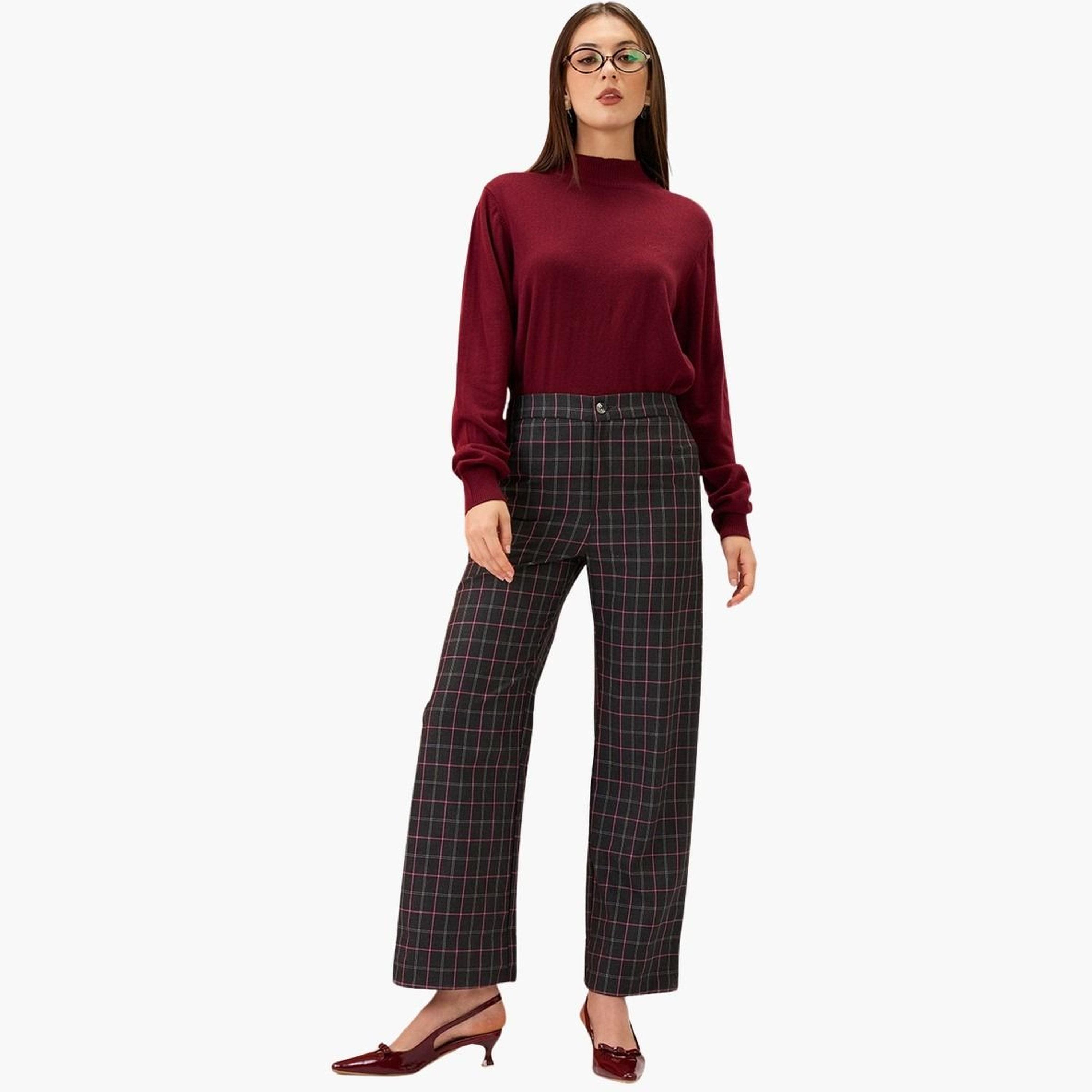 Globus X Styli Women Black Checkered Mid-Rise Straight Fit Trousers-women-clothing-bottoms-trousers-image-2