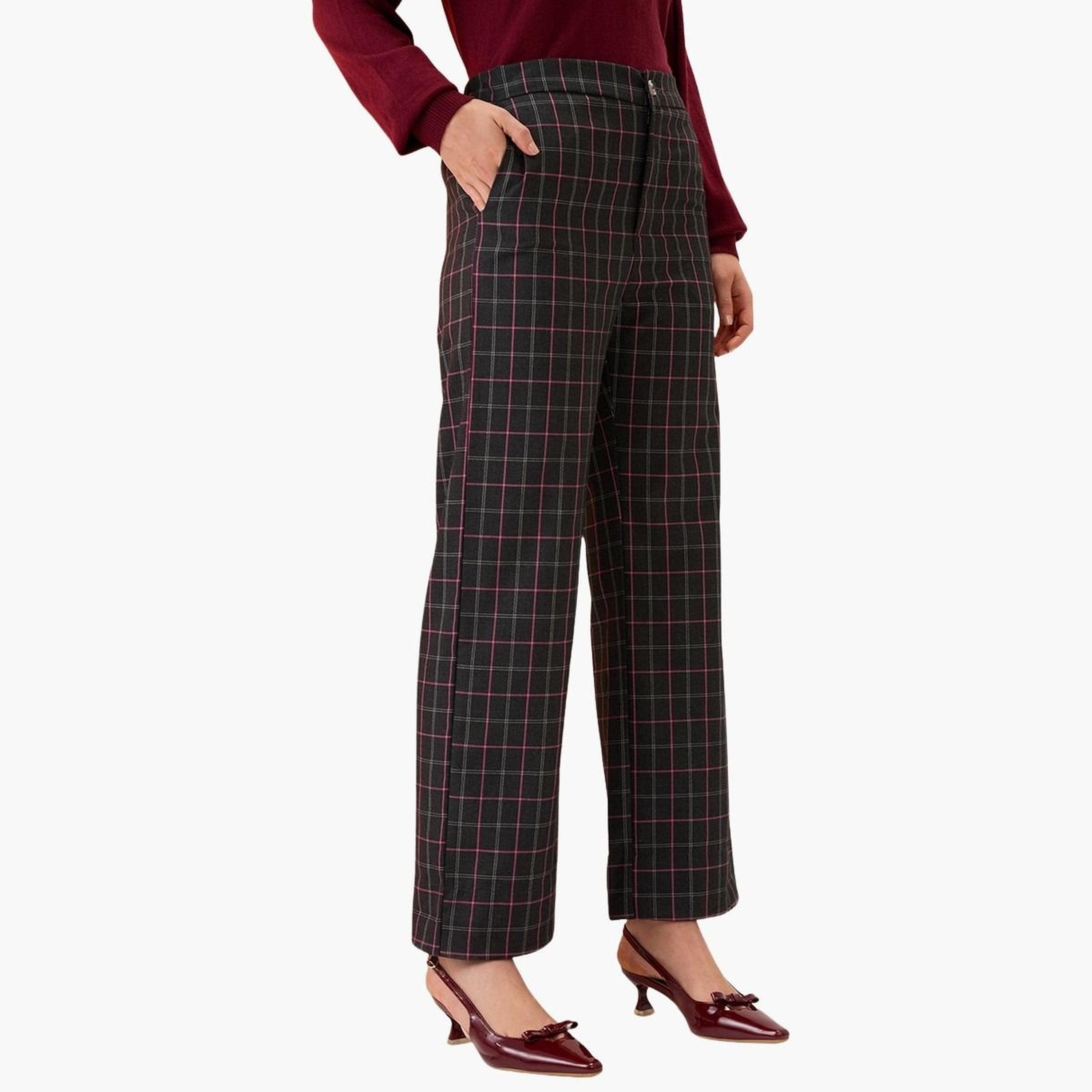 غلوبوس × ستايلي - بنطال أسود منقوش خصر متوسط الارتفاع بقصّة مستقيمة للنساء-women-clothing-bottoms-trousers-image-4