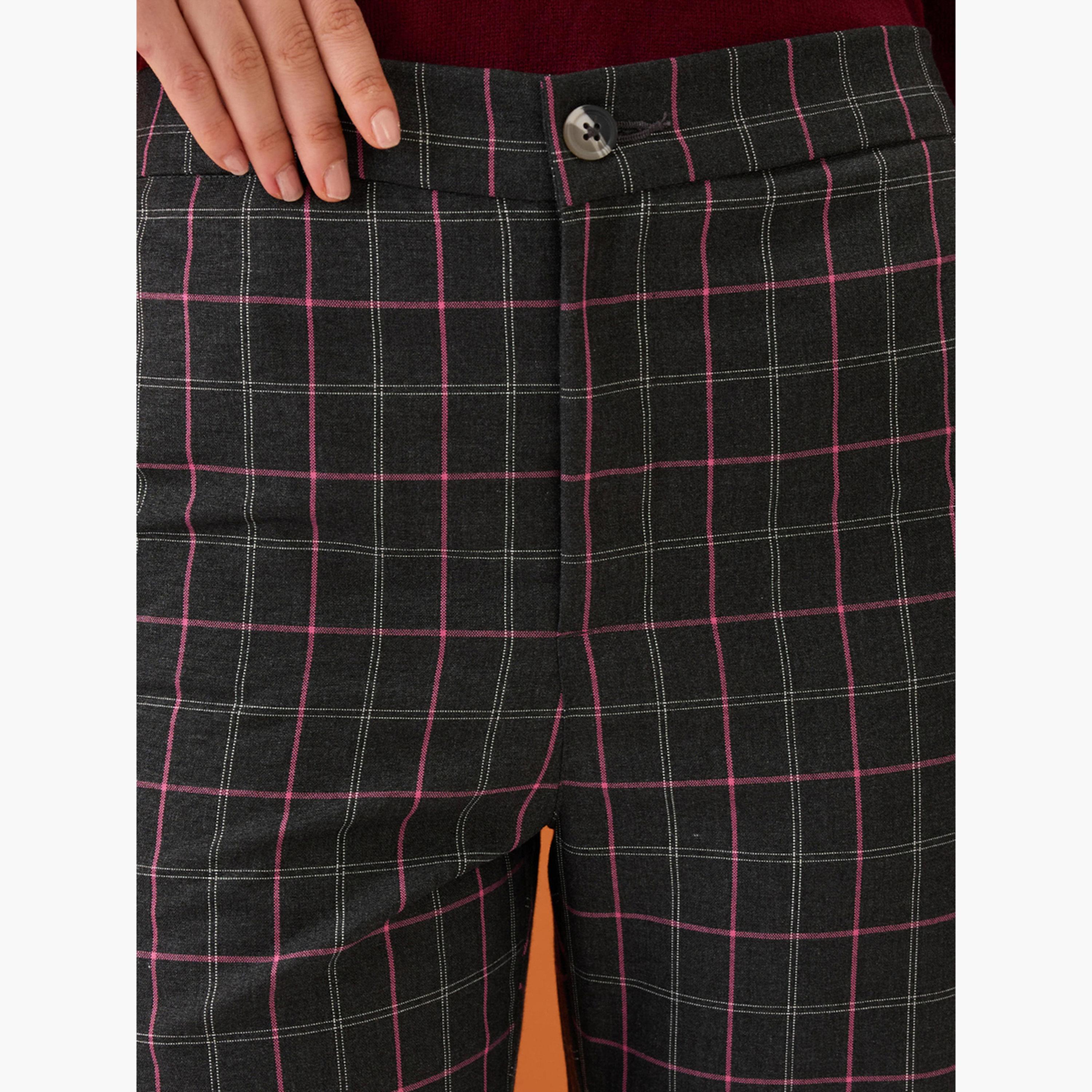 Globus X Styli Women Black Checkered Mid-Rise Straight Fit Trousers-women-clothing-bottoms-trousers-image-6