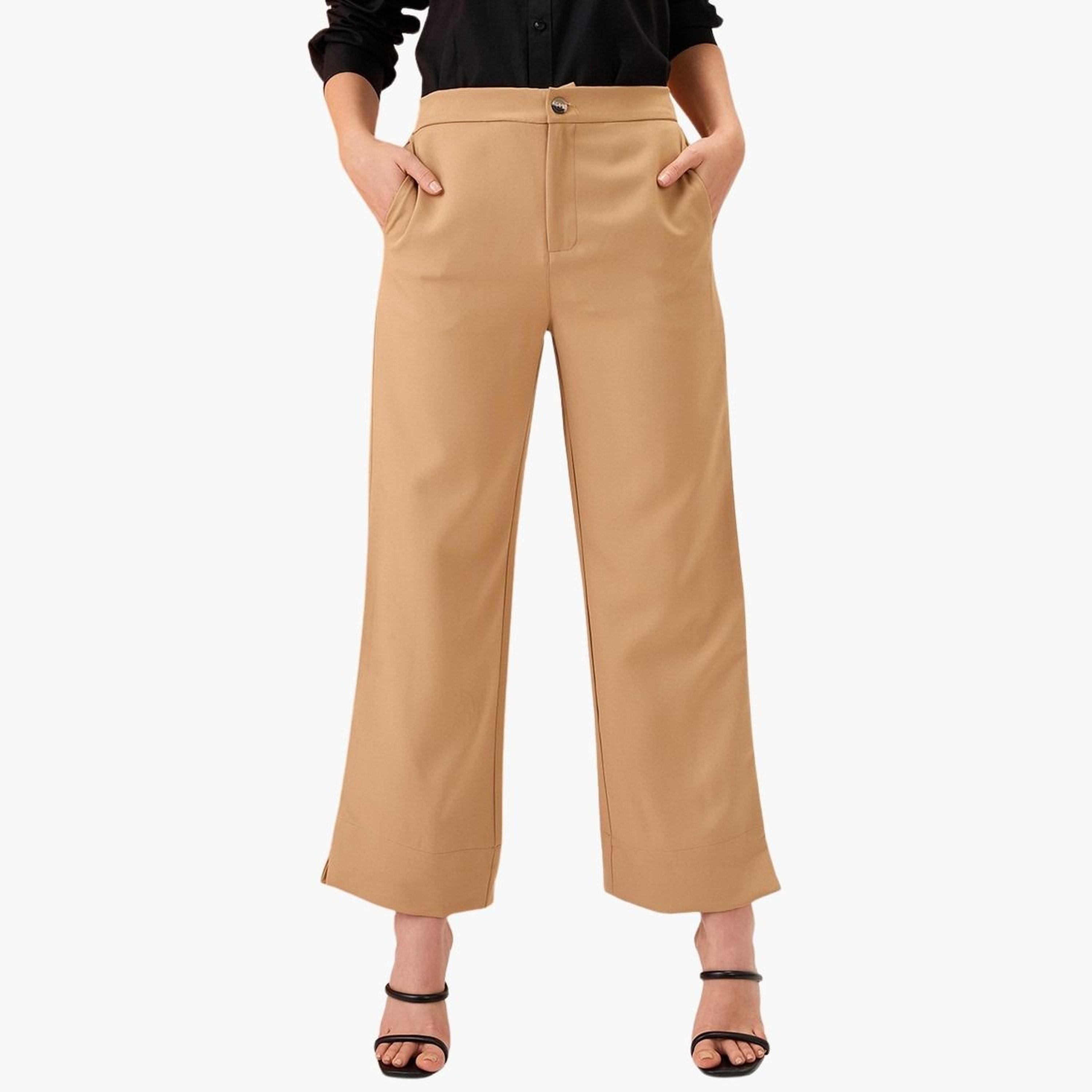 غلوبوس × ستايلي - بنطال كاكي سادة خصر متوسط الارتفاع ومريح للنساء-women-clothing-bottoms-trousers-image-1