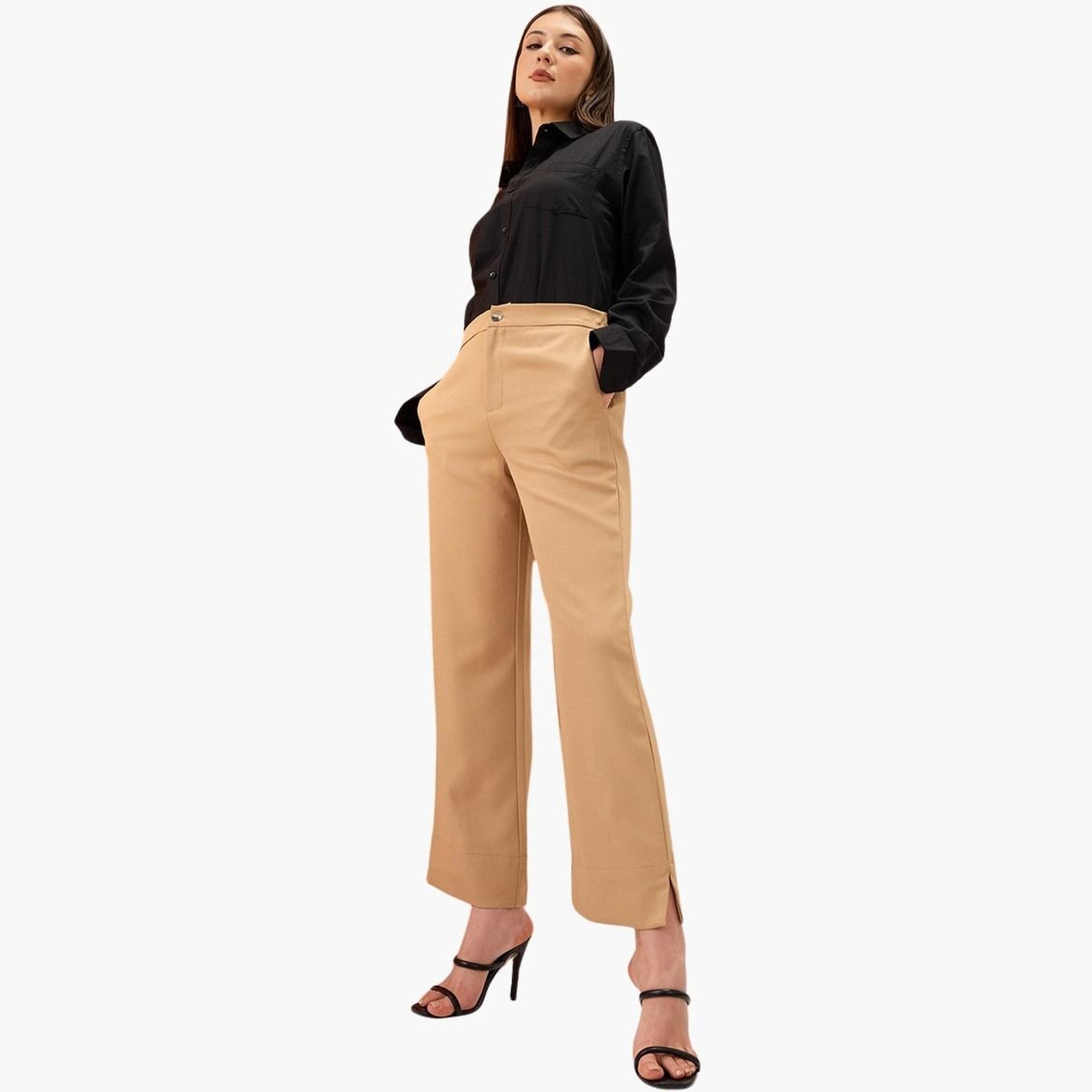 Globus X Styli Women Khaki Solid Mid-Rise Relaxed Fit Trousers-women-clothing-bottoms-trousers-image-2