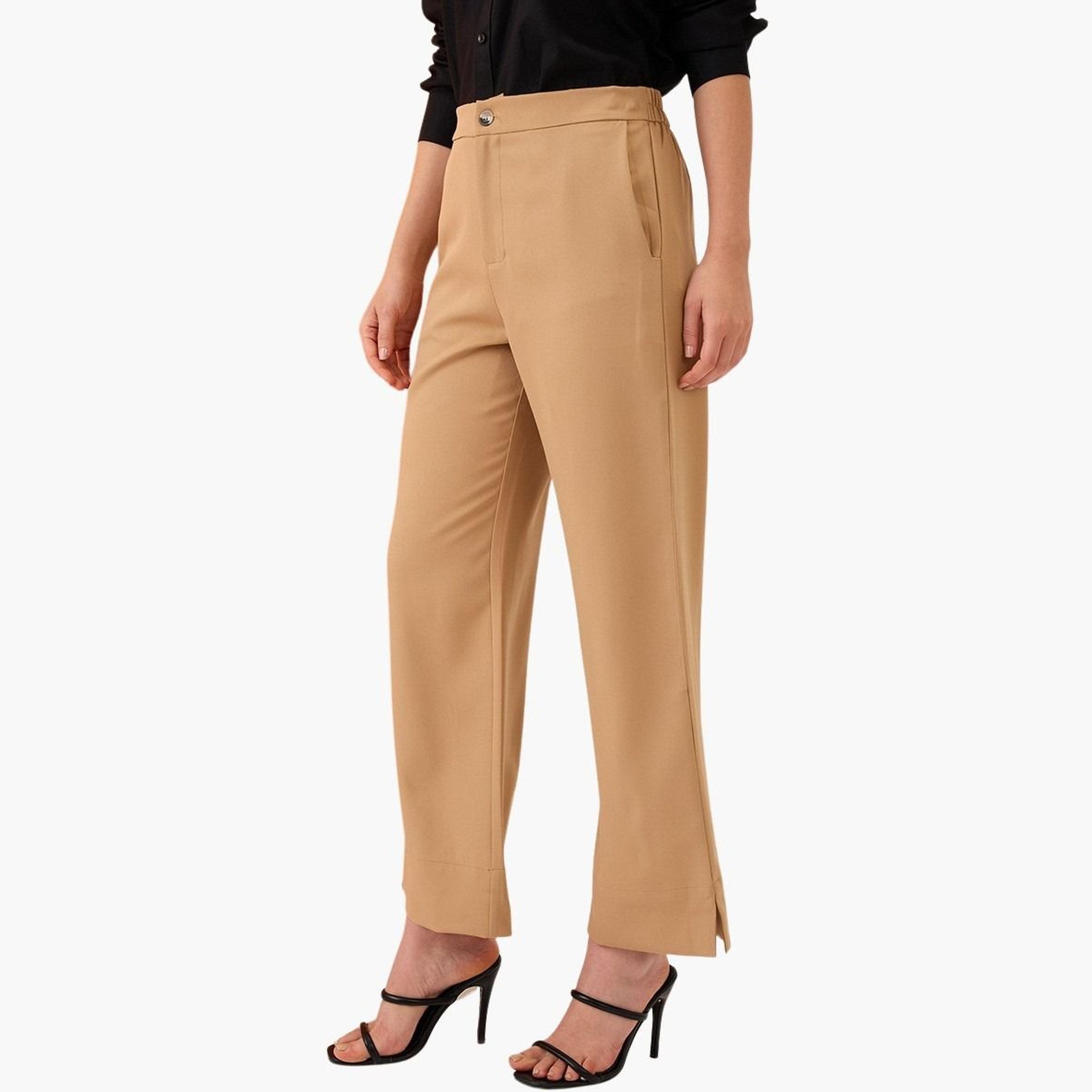 غلوبوس × ستايلي - بنطال كاكي سادة خصر متوسط الارتفاع ومريح للنساء-women-clothing-bottoms-trousers-image-3