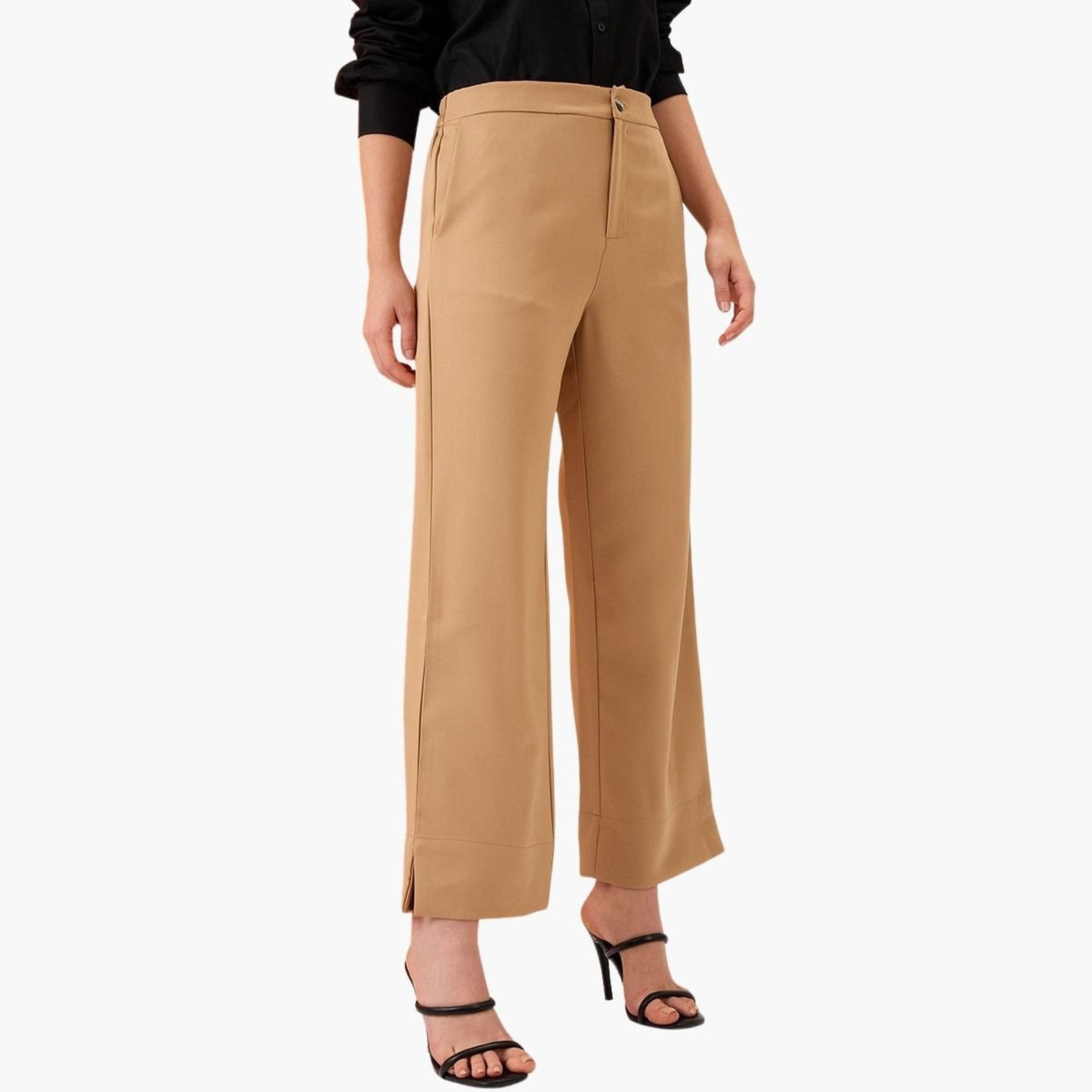 Globus X Styli Women Khaki Solid Mid-Rise Relaxed Fit Trousers-women-clothing-bottoms-trousers-image-4