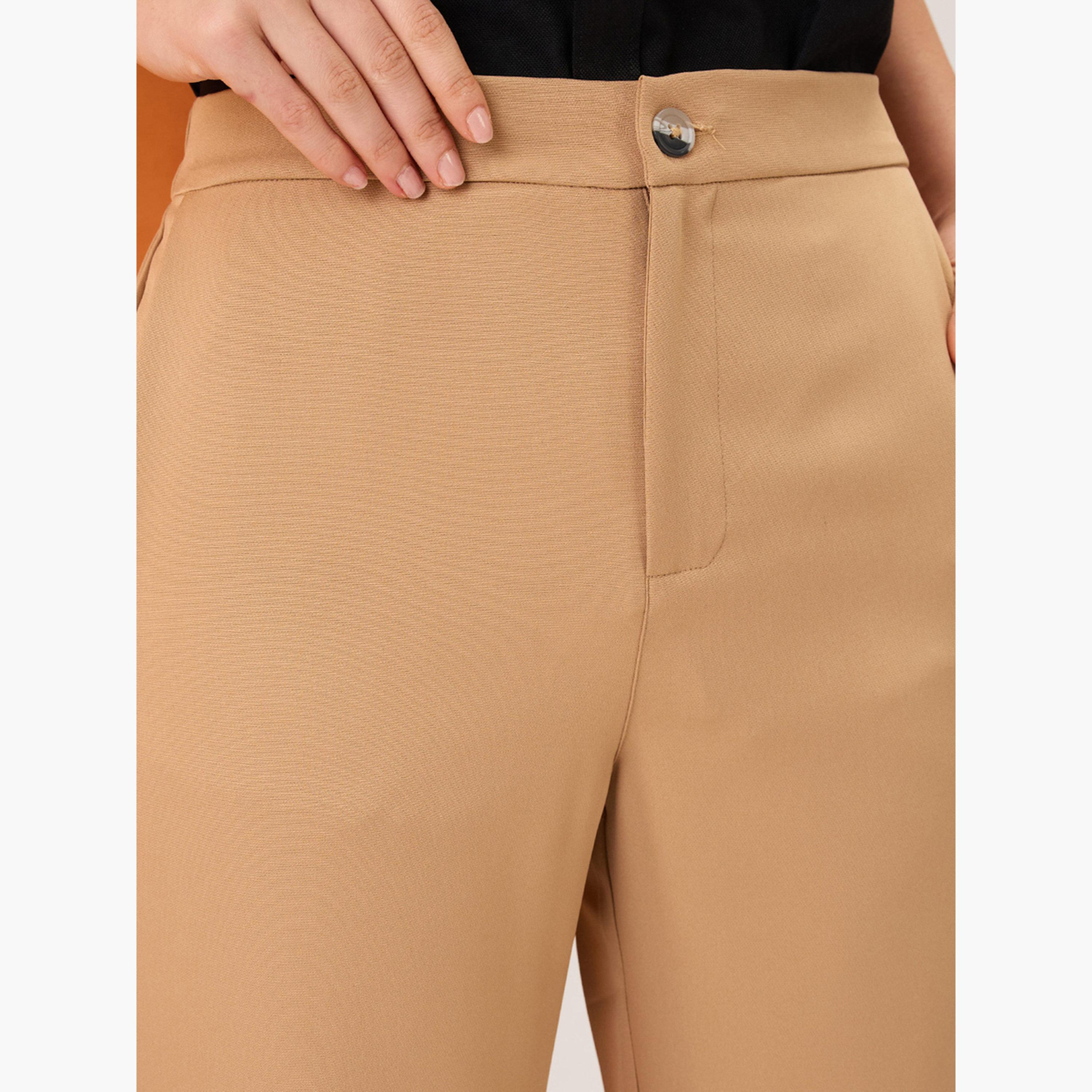 Globus X Styli Women Khaki Solid Mid-Rise Relaxed Fit Trousers-women-clothing-bottoms-trousers-image-6
