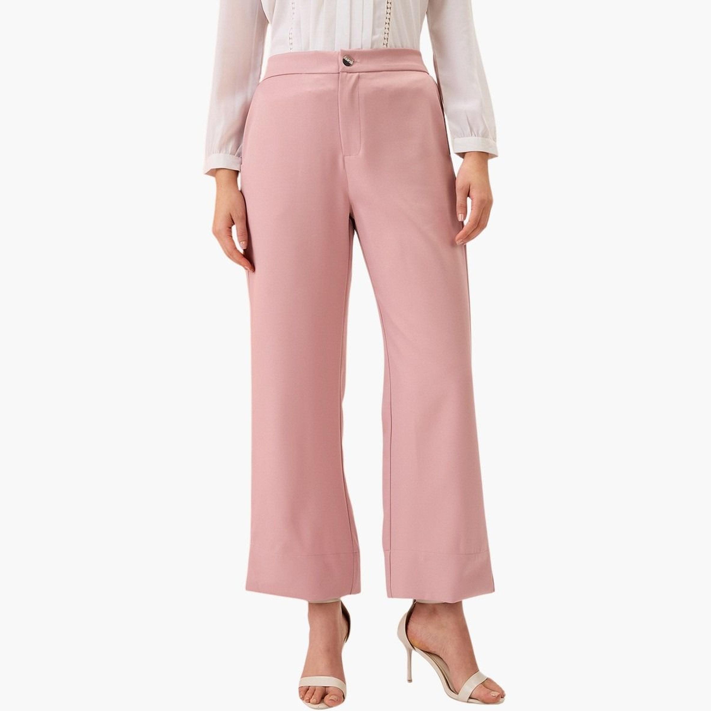 غلوبوس × ستايلي - بنطال وردي سادة خصر متوسط الارتفاع بقصّة مريحة للنساء-women-clothing-bottoms-trousers-image-1