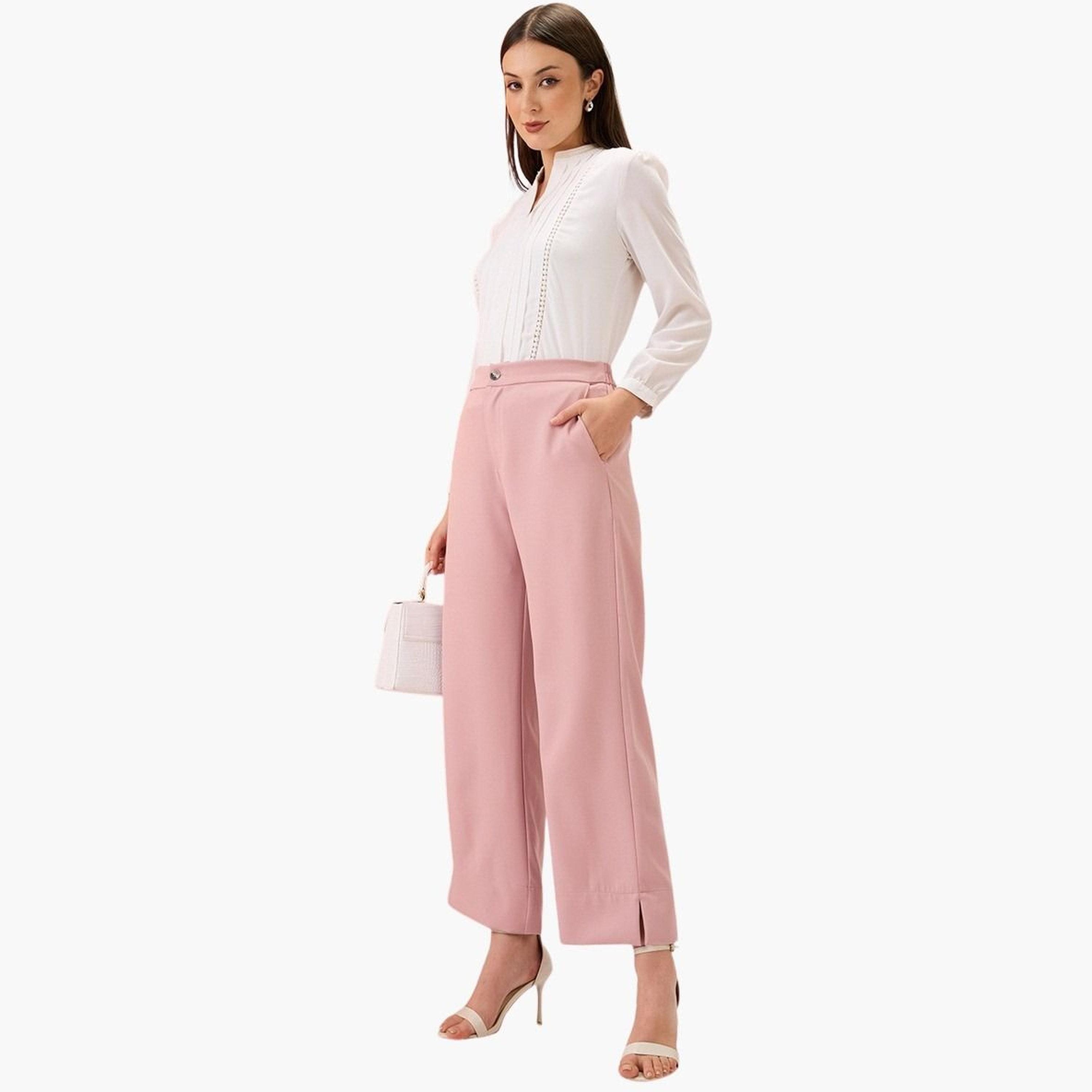 غلوبوس × ستايلي - بنطال وردي سادة خصر متوسط الارتفاع بقصّة مريحة للنساء-women-clothing-bottoms-trousers-image-2