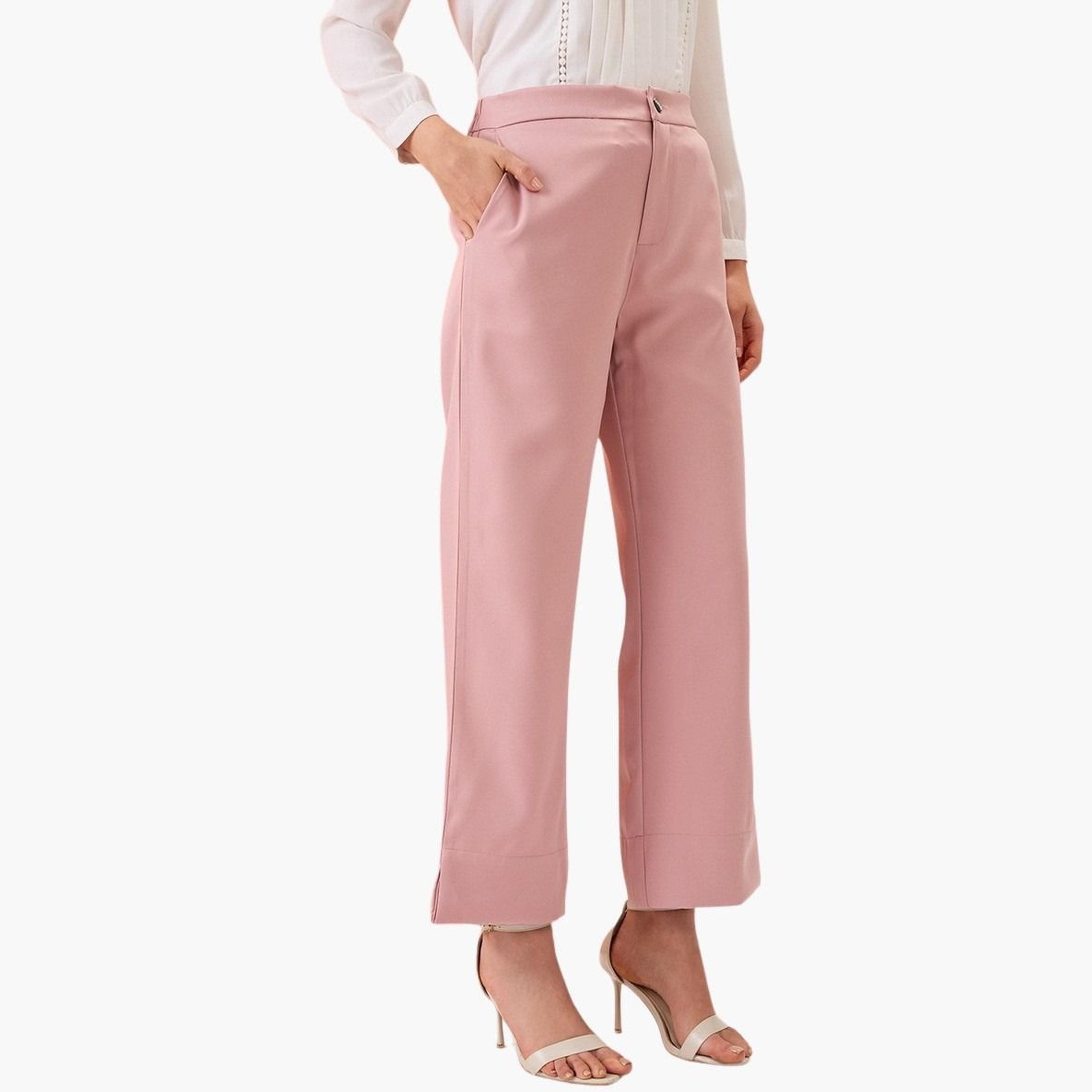 غلوبوس × ستايلي - بنطال وردي سادة خصر متوسط الارتفاع بقصّة مريحة للنساء-women-clothing-bottoms-trousers-image-3
