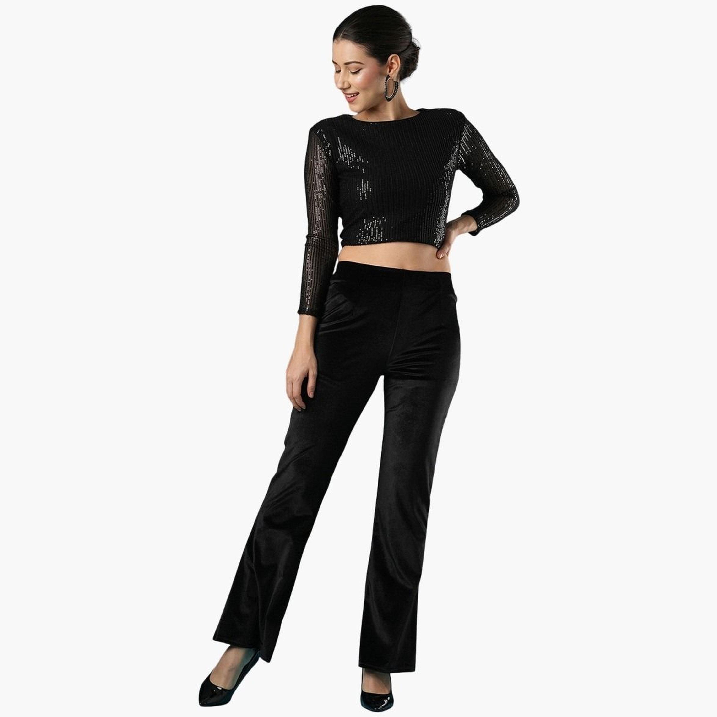 غلوبوس × ستايلي - بنطال جينز ضيق مطاطي بمظهر مخملي أسود للنساء-women-clothing-bottoms-leggings-image-2