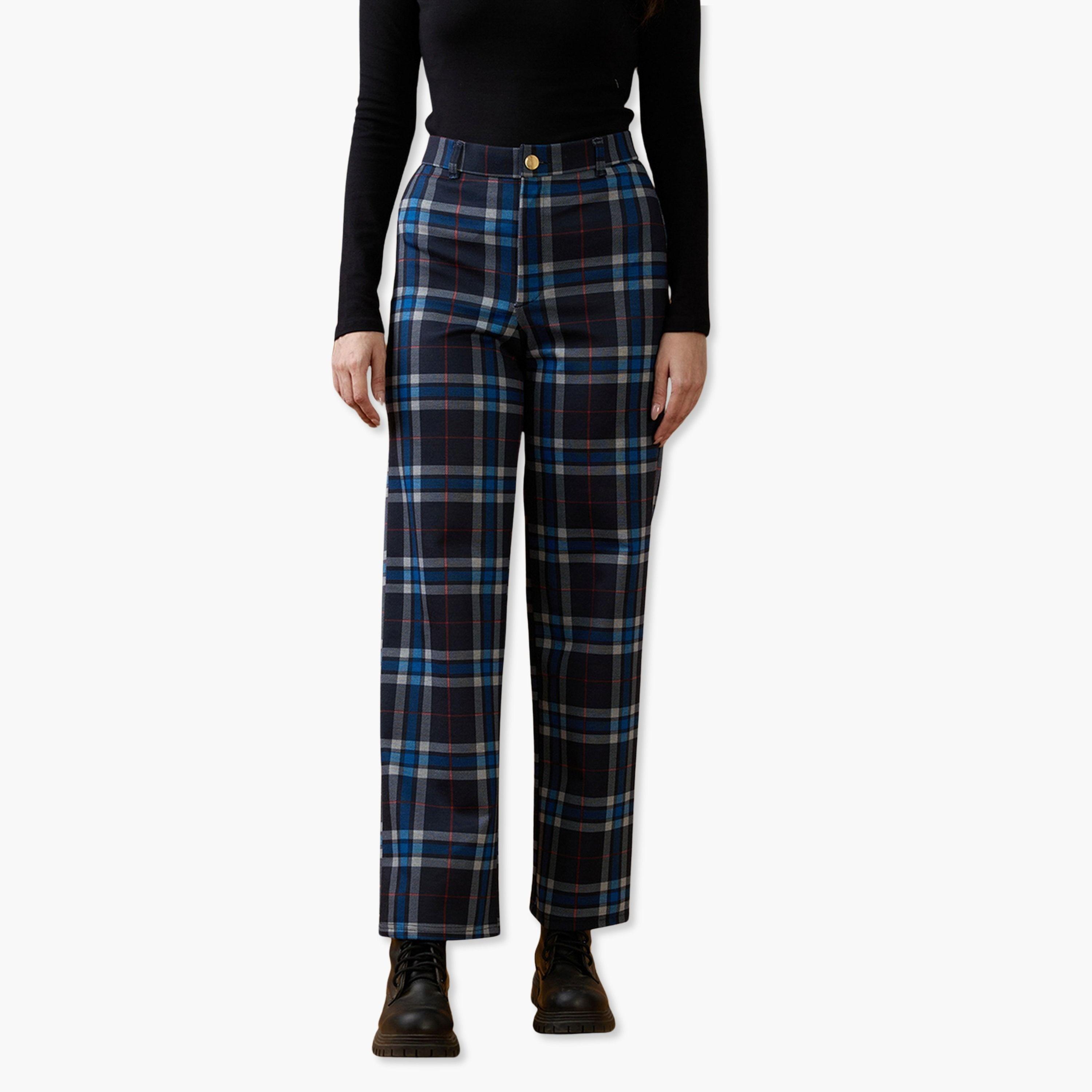 غلوبوص × ستايلي - بنطال أزرق بقصة مستقيمة وخصر متوسط ​​ومربعات-women-clothing-bottoms-trousers-image-1