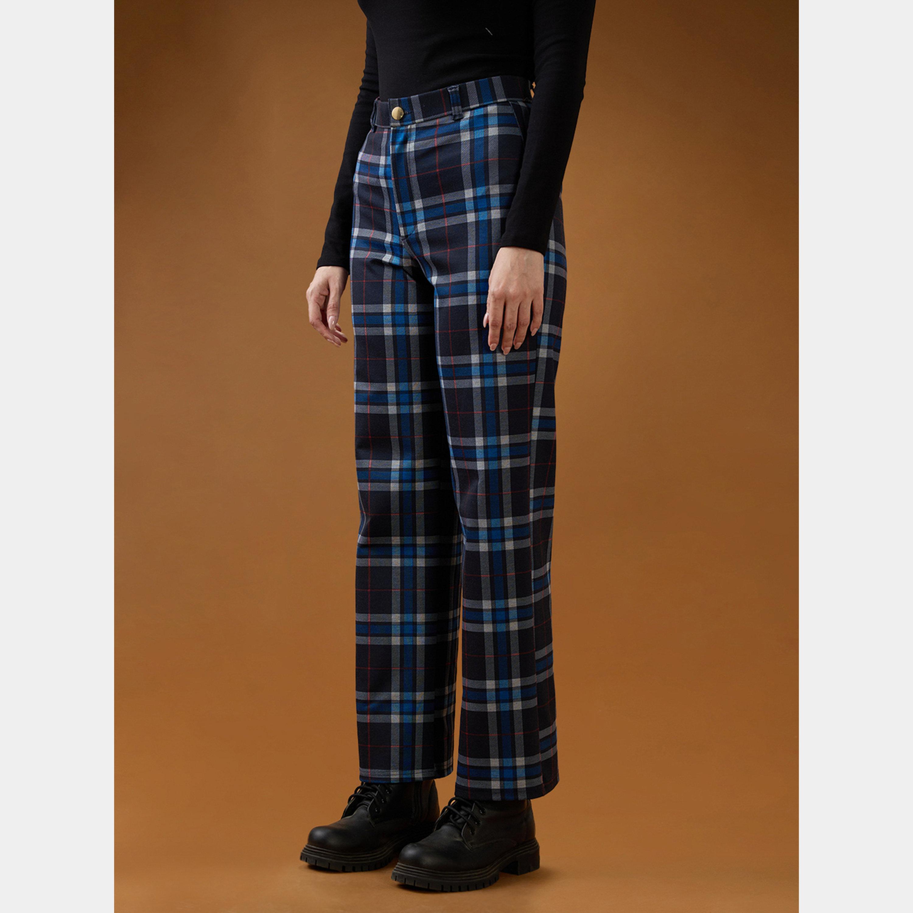 Globus X Styli Blue Checks Mid Rise Straight Fit Trousers-women-clothing-bottoms-trousers-image-3