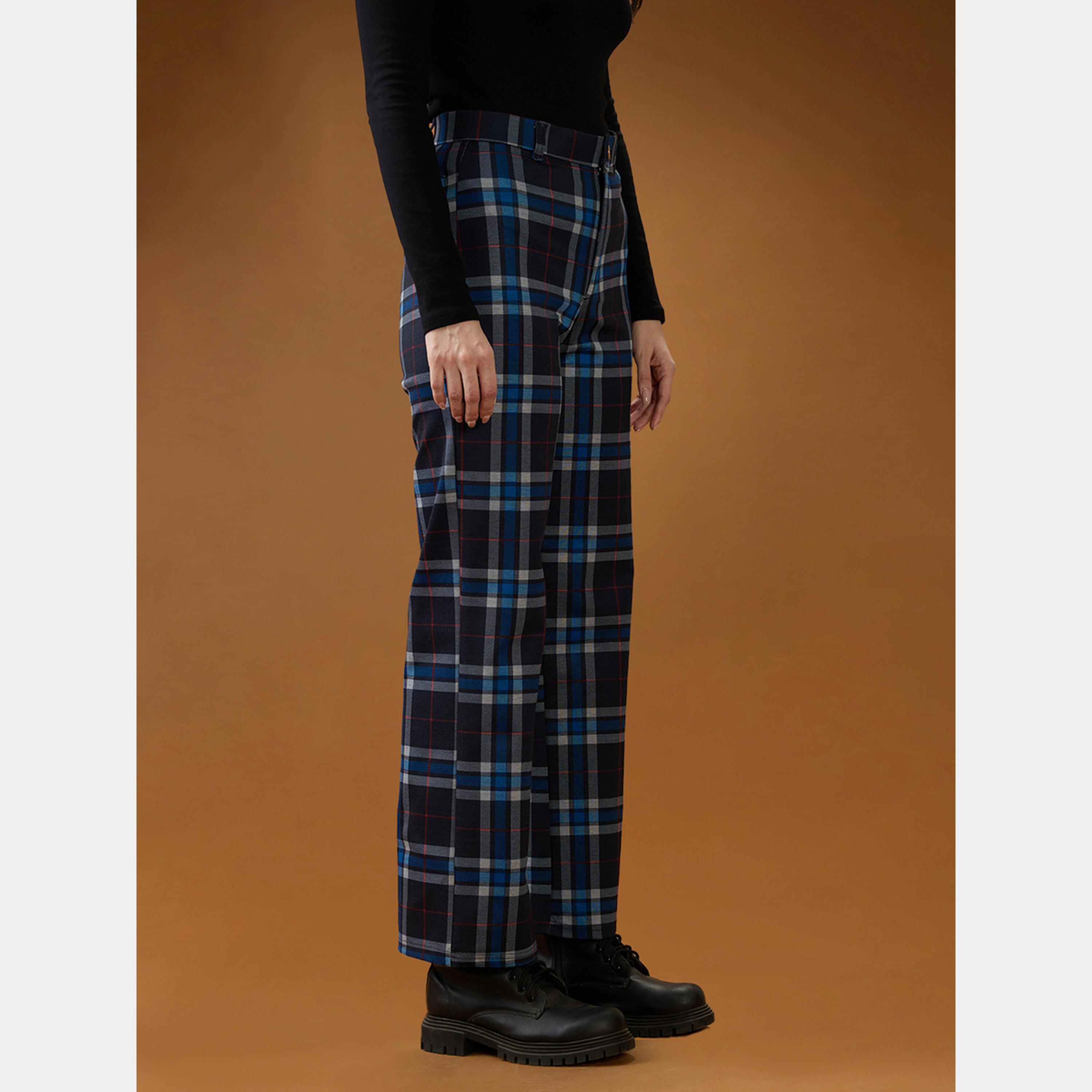 Globus X Styli Blue Checks Mid Rise Straight Fit Trousers-women-clothing-bottoms-trousers-image-4