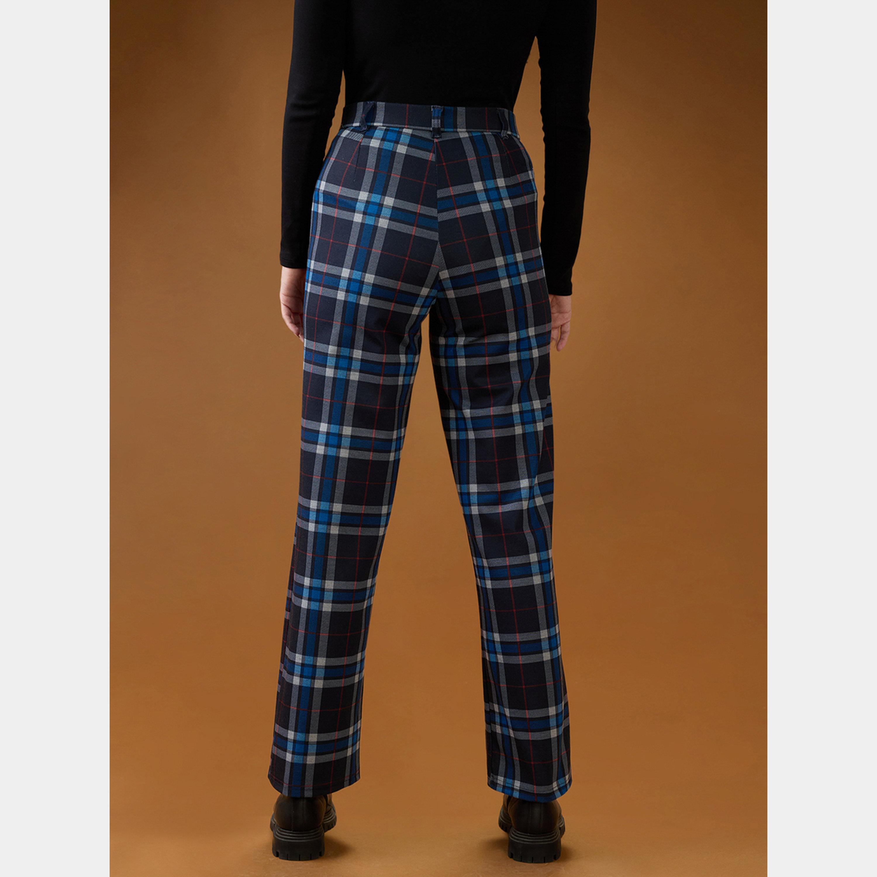 غلوبوص × ستايلي - بنطال أزرق بقصة مستقيمة وخصر متوسط ​​ومربعات-women-clothing-bottoms-trousers-image-5