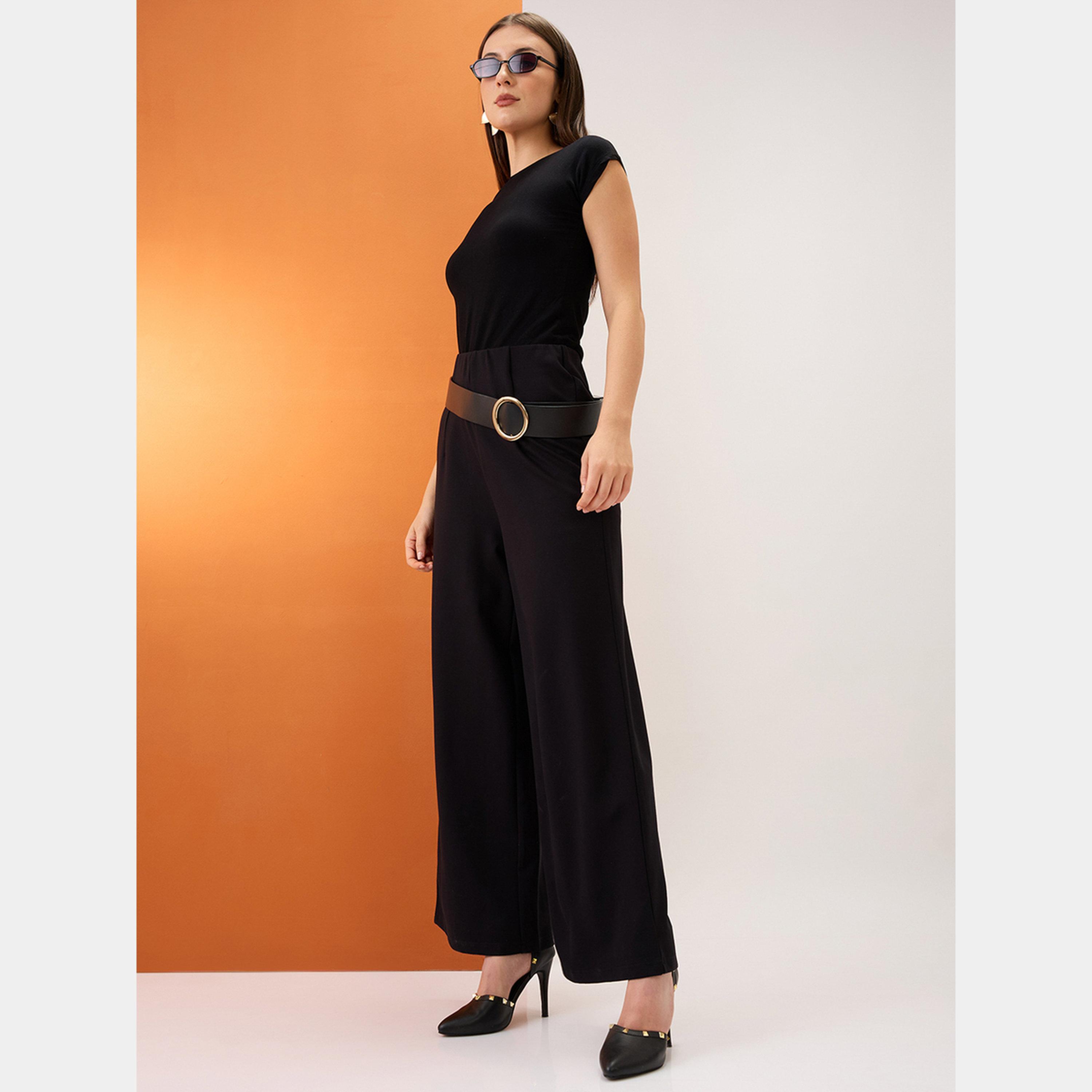 Globus X Styli Black Solid Mid-Rise Wide Leg Trousers-women-clothing-bottoms-trousers-image-2