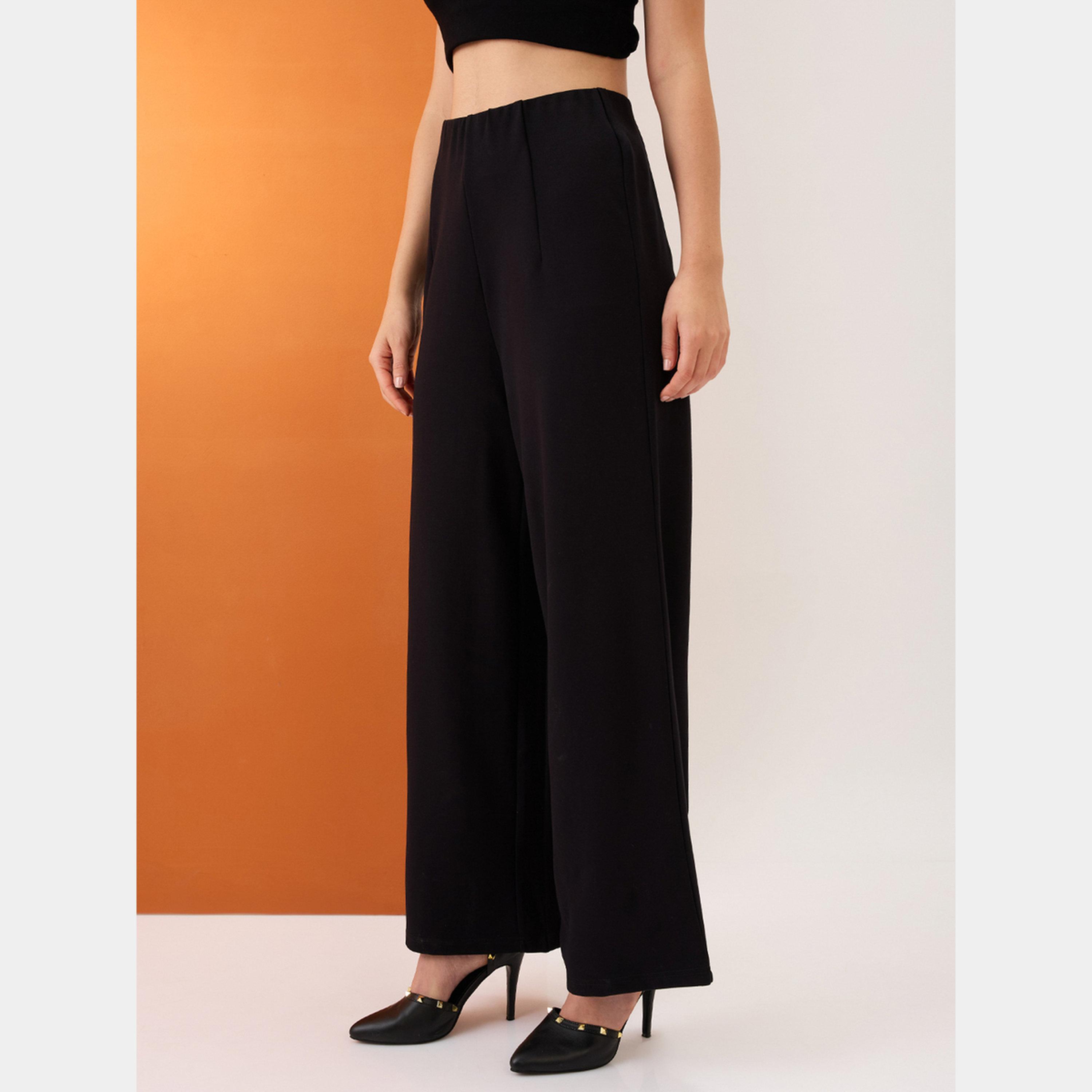 Globus X Styli Black Solid Mid-Rise Wide Leg Trousers-women-clothing-bottoms-trousers-image-3