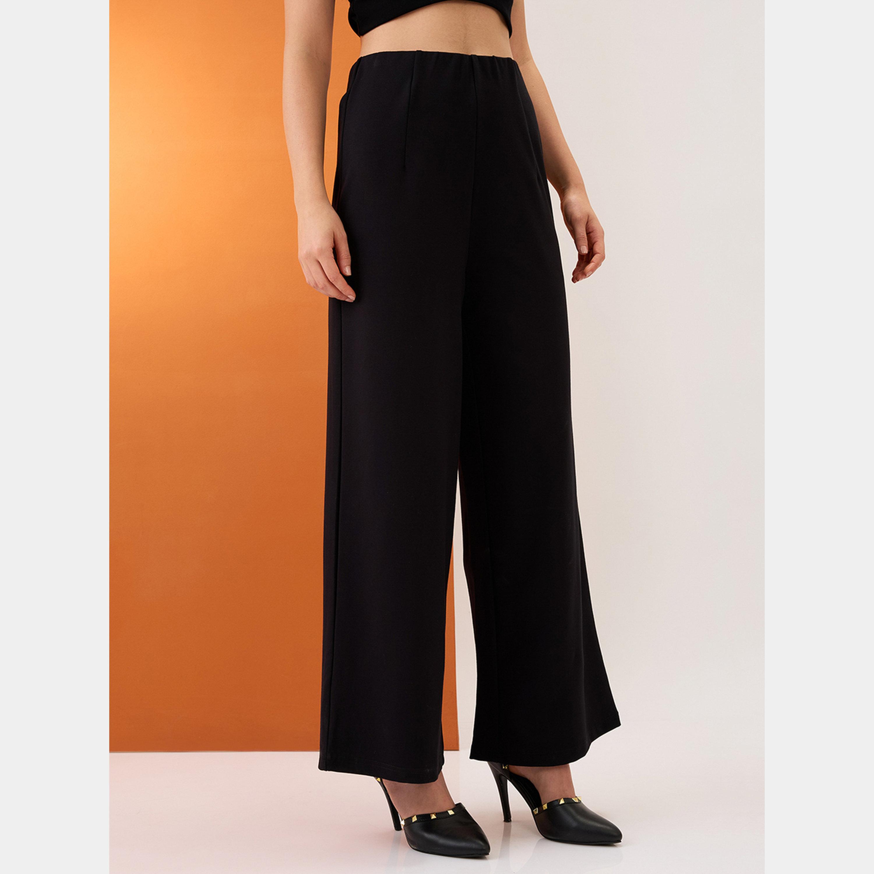 غلوبوص × ستايلي - بنطال أسود سادة متوسط ​​الارتفاع وواسع الساق-women-clothing-bottoms-trousers-image-4