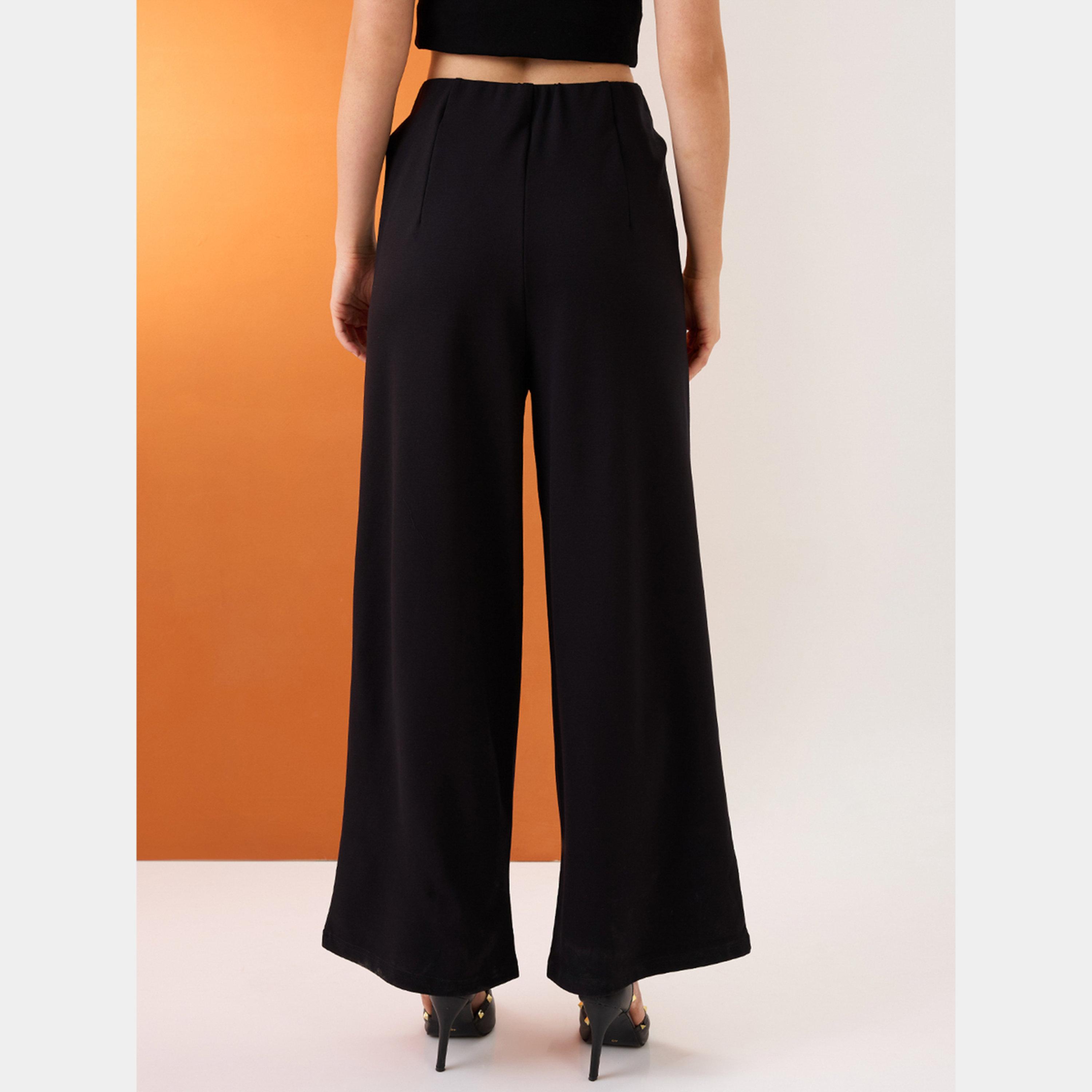 Globus X Styli Black Solid Mid-Rise Wide Leg Trousers-women-clothing-bottoms-trousers-image-5