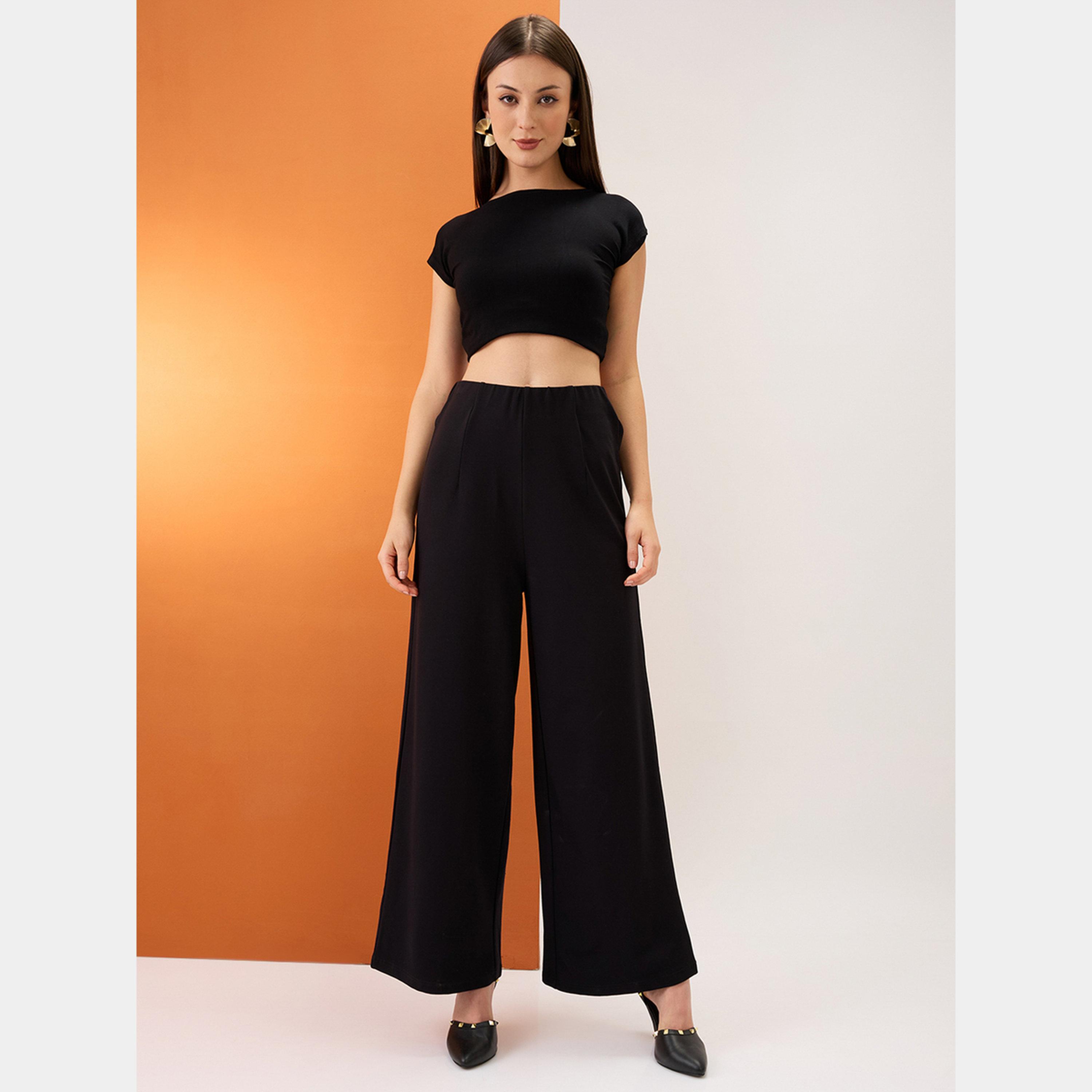 Globus X Styli Black Solid Mid-Rise Wide Leg Trousers-women-clothing-bottoms-trousers-image-6