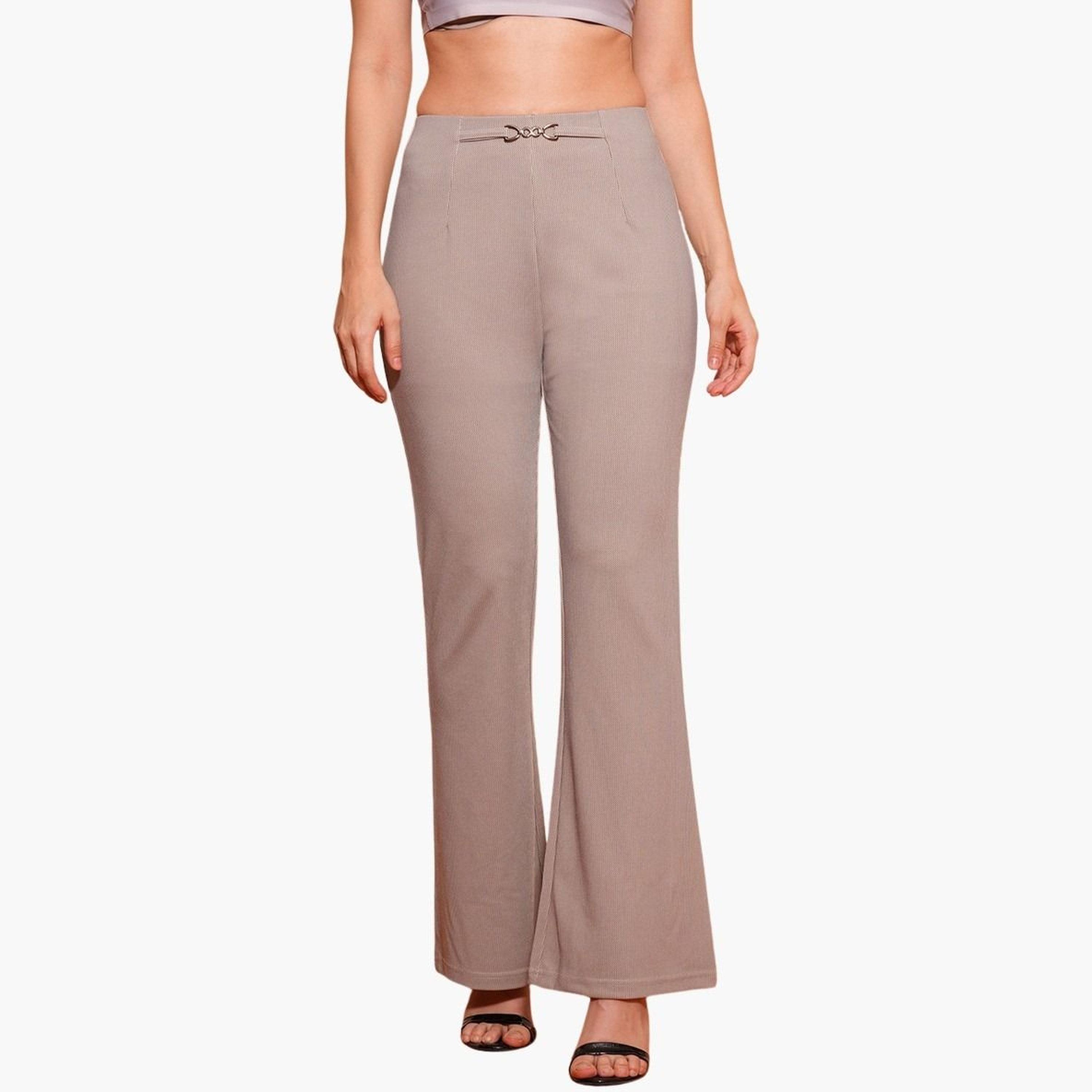 غلوبوس × ستايلي - بنطال رياضي للعمل بمشبك معدني قماش قابل للتمدد باللون البيج للنساء-women-clothing-bottoms-trousers-image-1
