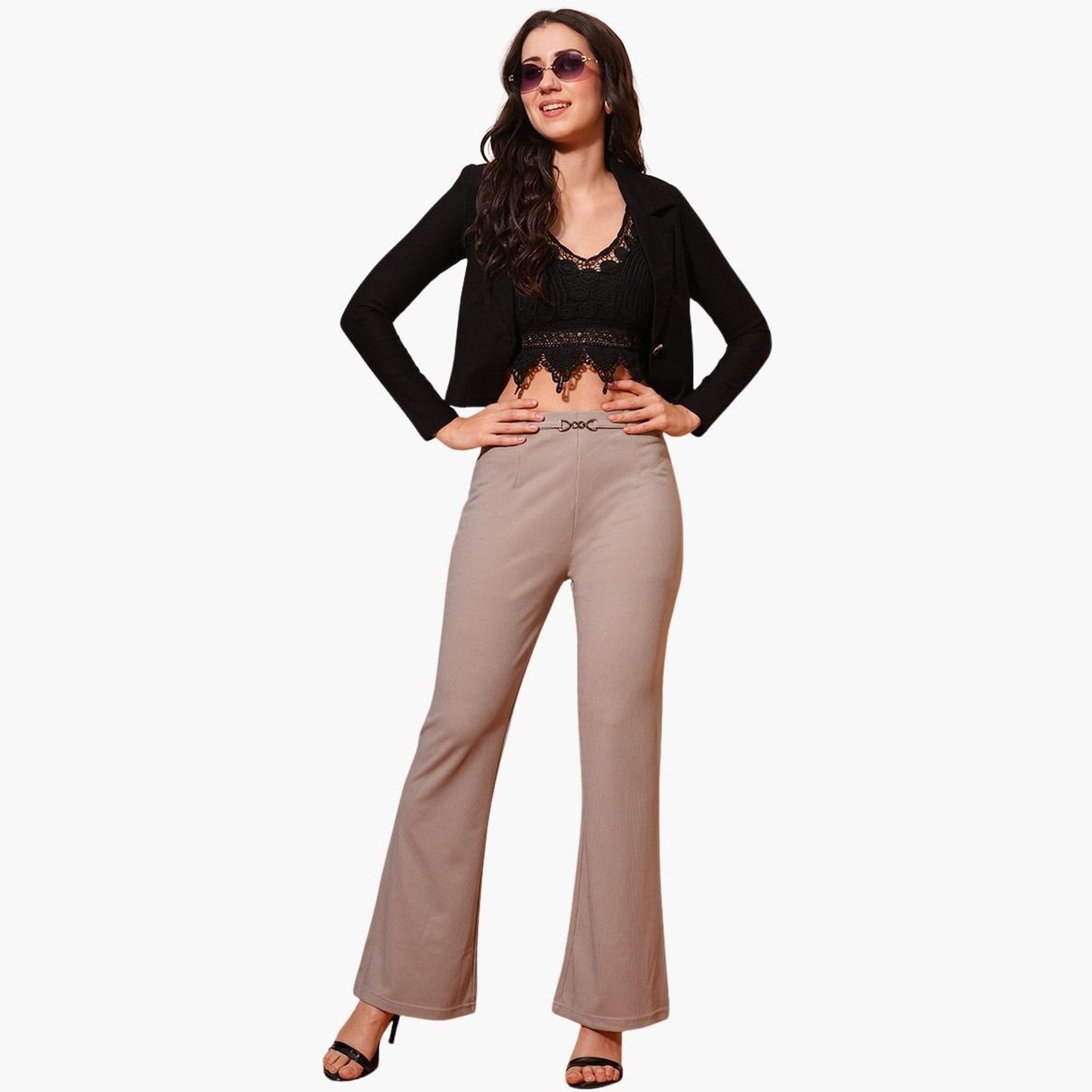 غلوبوس × ستايلي - بنطال رياضي للعمل بمشبك معدني قماش قابل للتمدد باللون البيج للنساء-women-clothing-bottoms-trousers-image-2