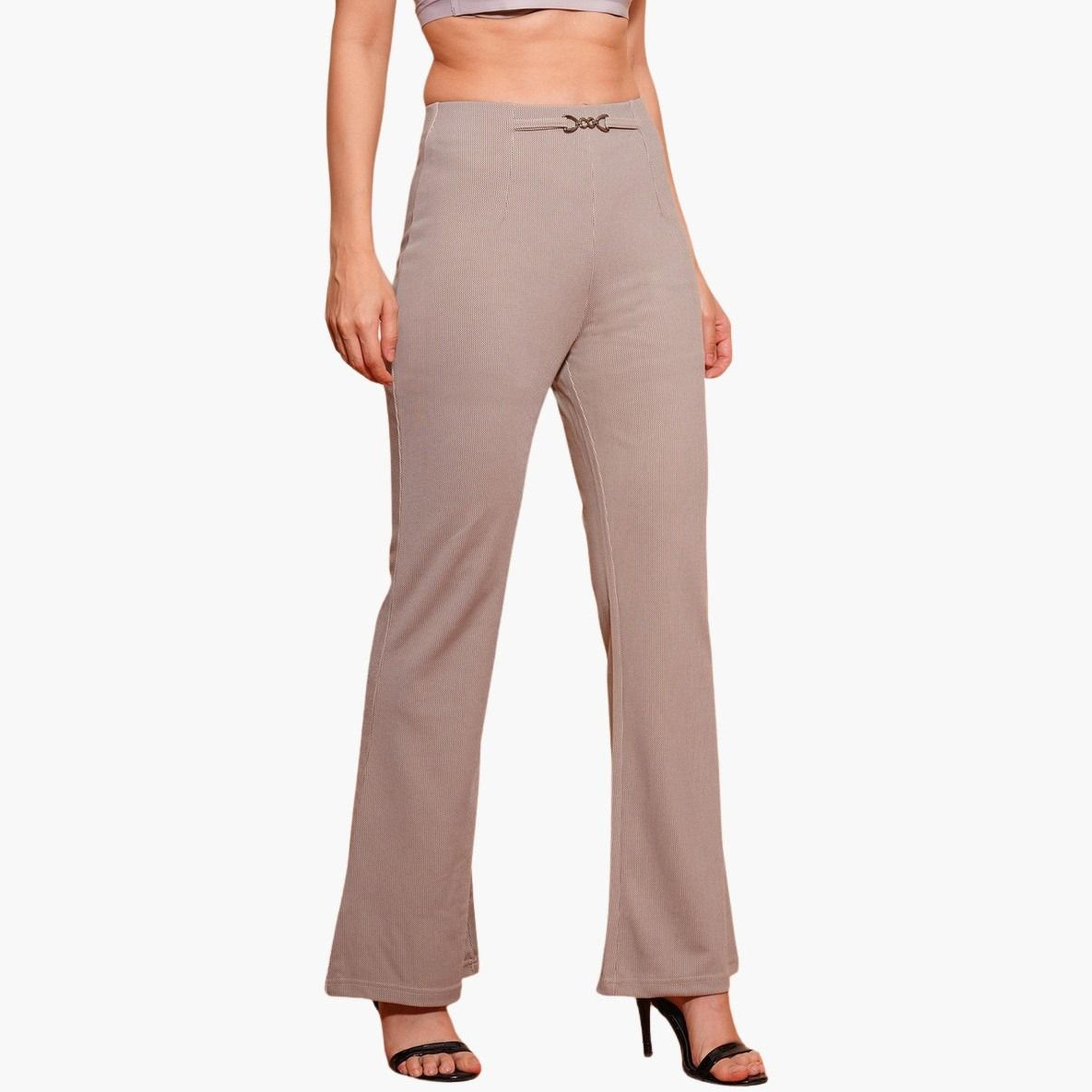 غلوبوس × ستايلي - بنطال رياضي للعمل بمشبك معدني قماش قابل للتمدد باللون البيج للنساء-women-clothing-bottoms-trousers-image-3