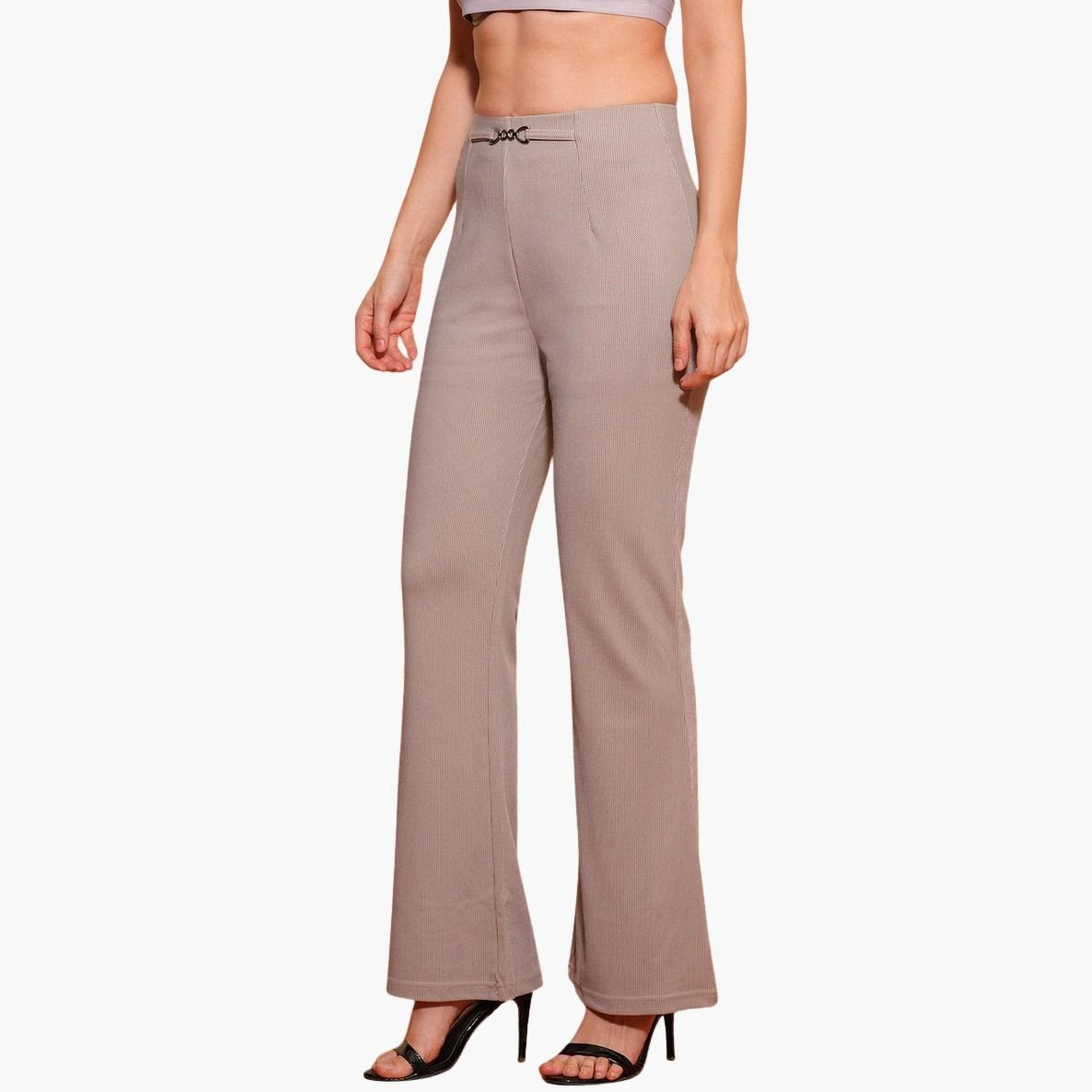 غلوبوس × ستايلي - بنطال رياضي للعمل بمشبك معدني قماش قابل للتمدد باللون البيج للنساء-women-clothing-bottoms-trousers-image-6