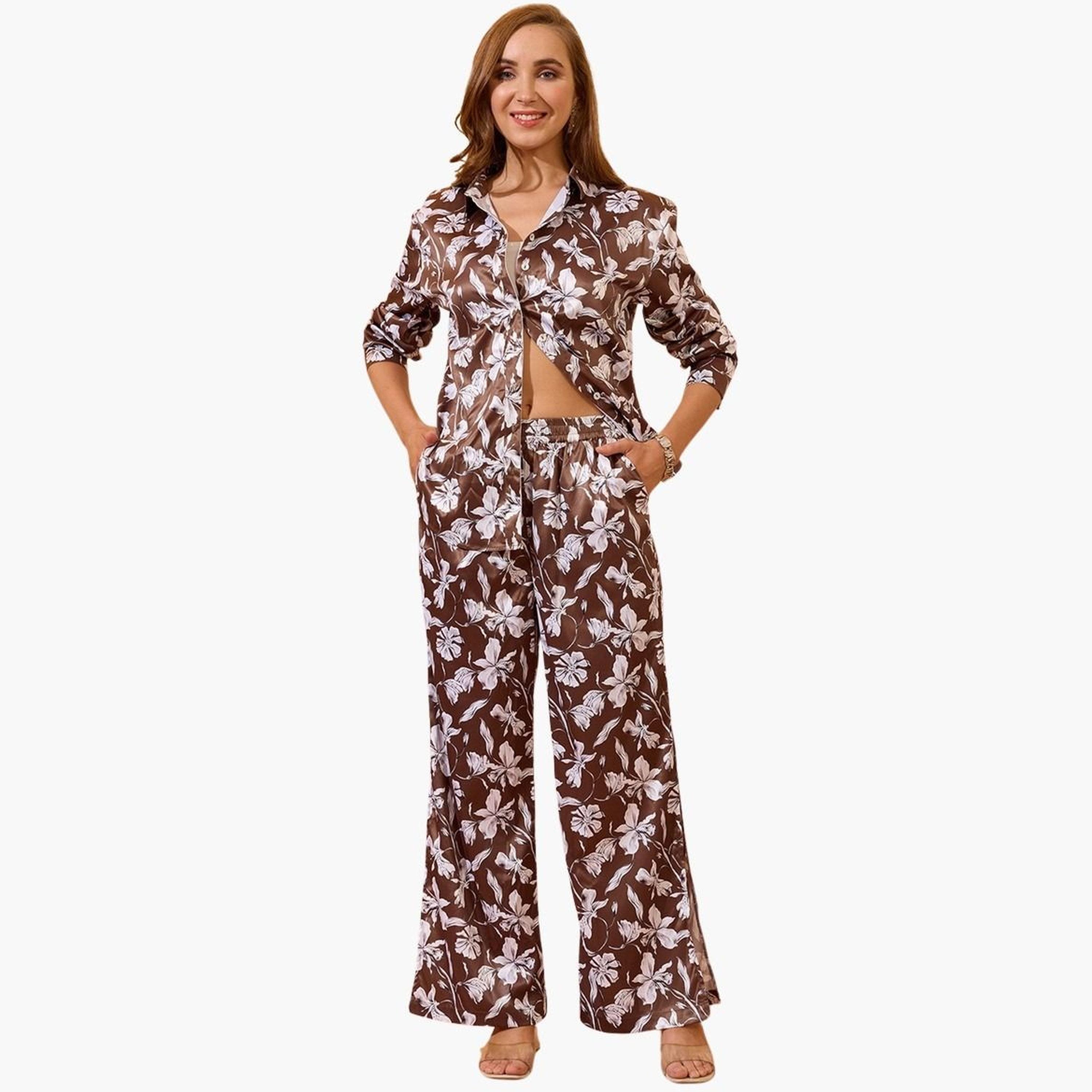 غلوبوس × ستايلي - بنطال ساتان واسع الساق نقشة زهور باللون البني للنساء-women-clothing-bottoms-trousers-image-2