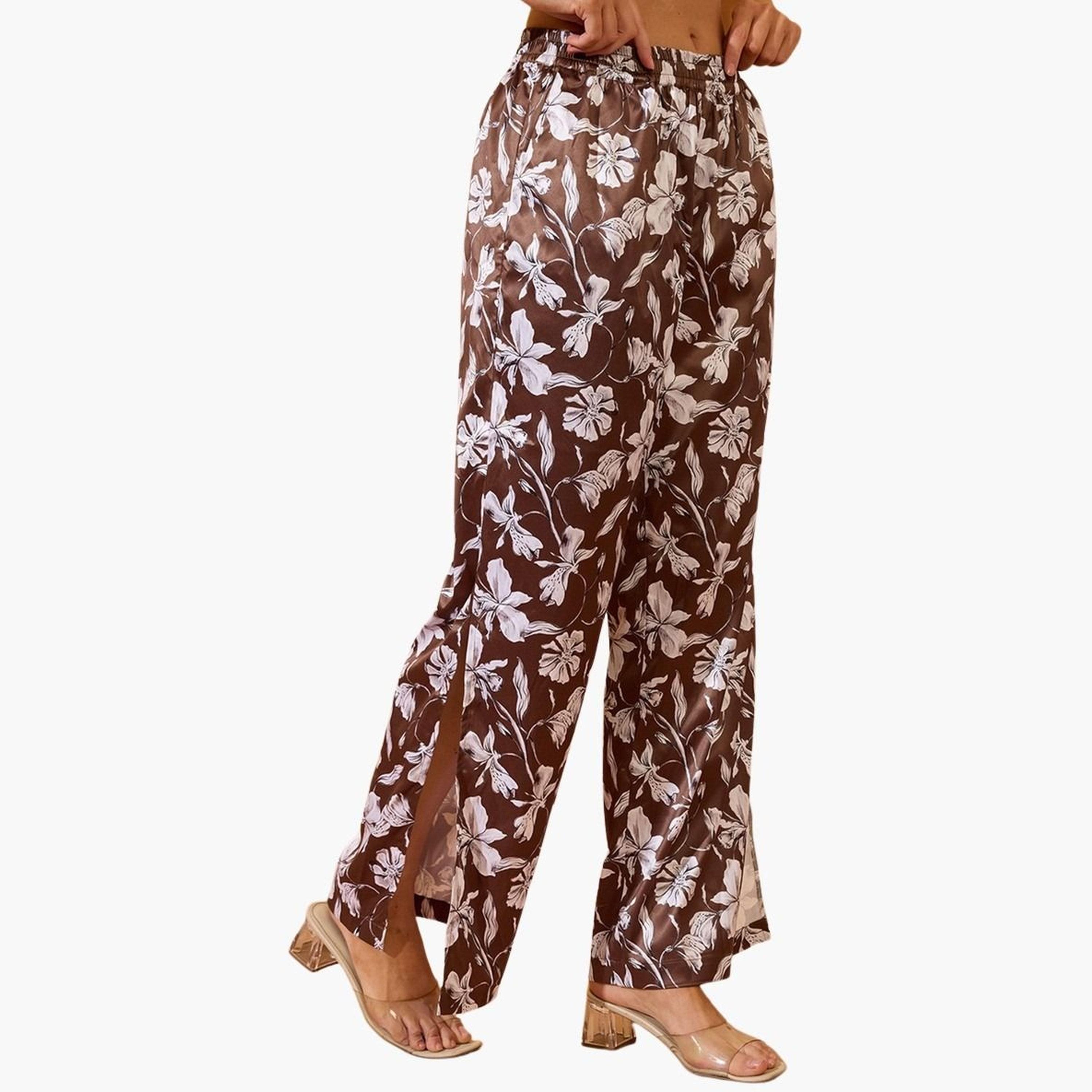 غلوبوس × ستايلي - بنطال ساتان واسع الساق نقشة زهور باللون البني للنساء-women-clothing-bottoms-trousers-image-3