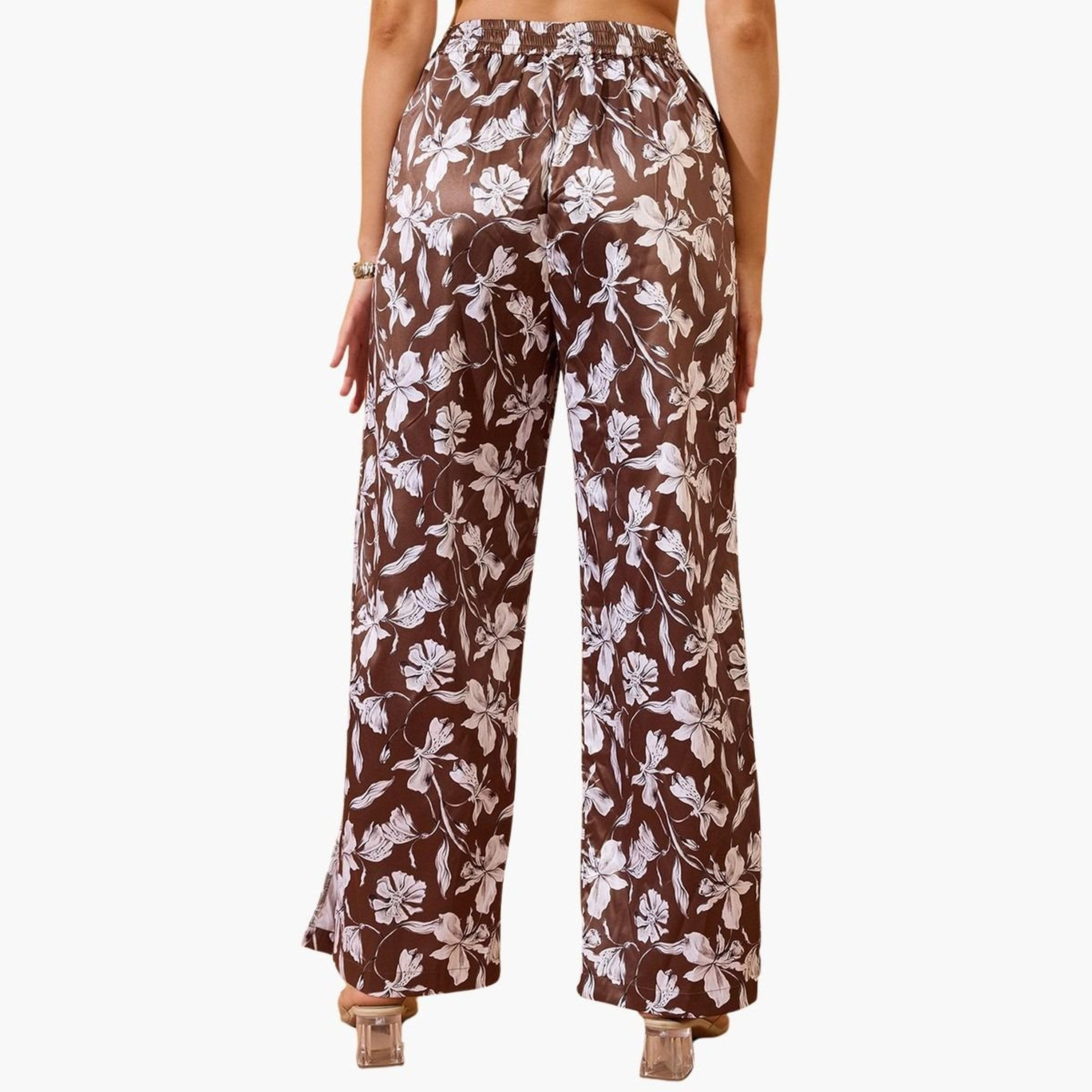 غلوبوس × ستايلي - بنطال ساتان واسع الساق نقشة زهور باللون البني للنساء-women-clothing-bottoms-trousers-image-5
