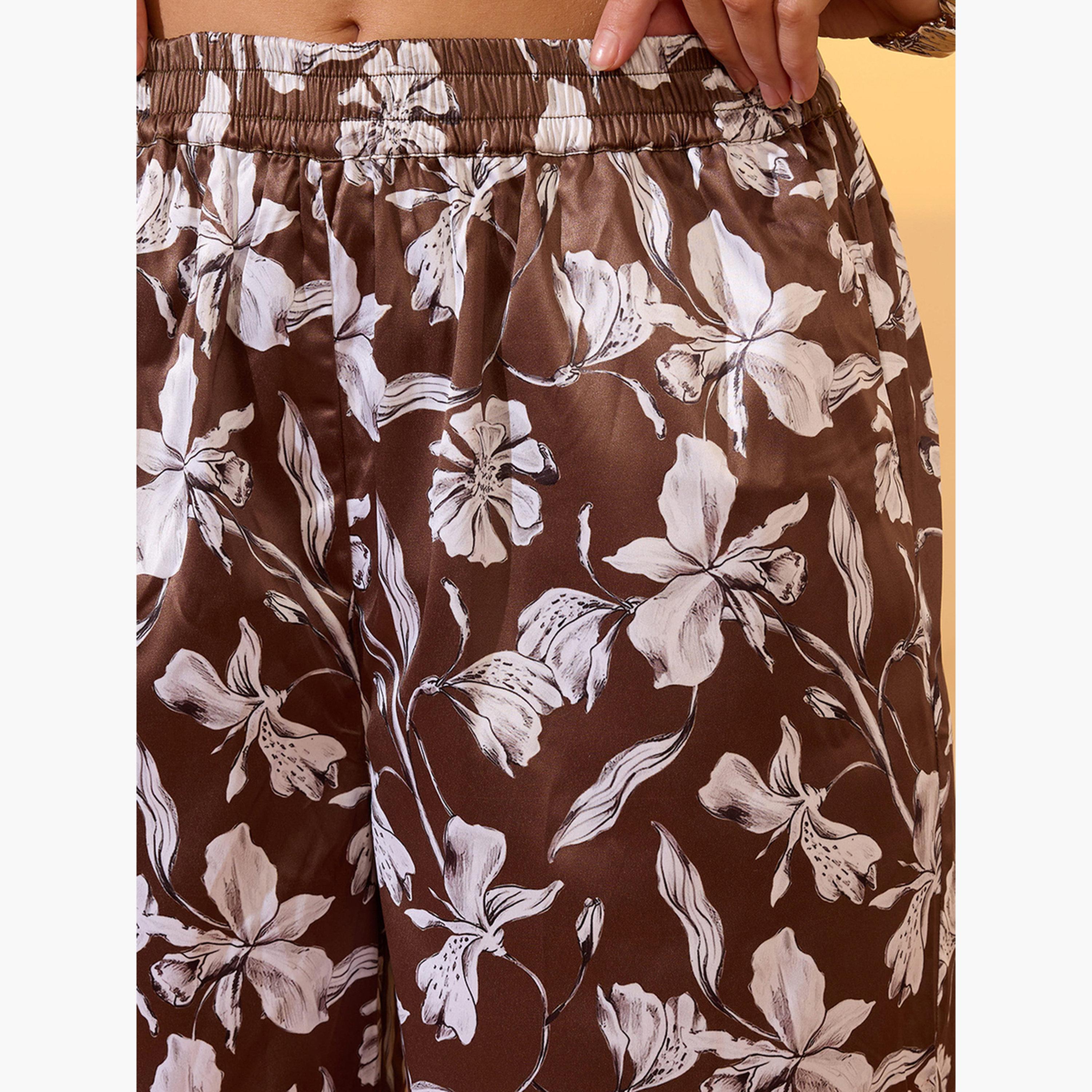 غلوبوس × ستايلي - بنطال ساتان واسع الساق نقشة زهور باللون البني للنساء-women-clothing-bottoms-trousers-image-6
