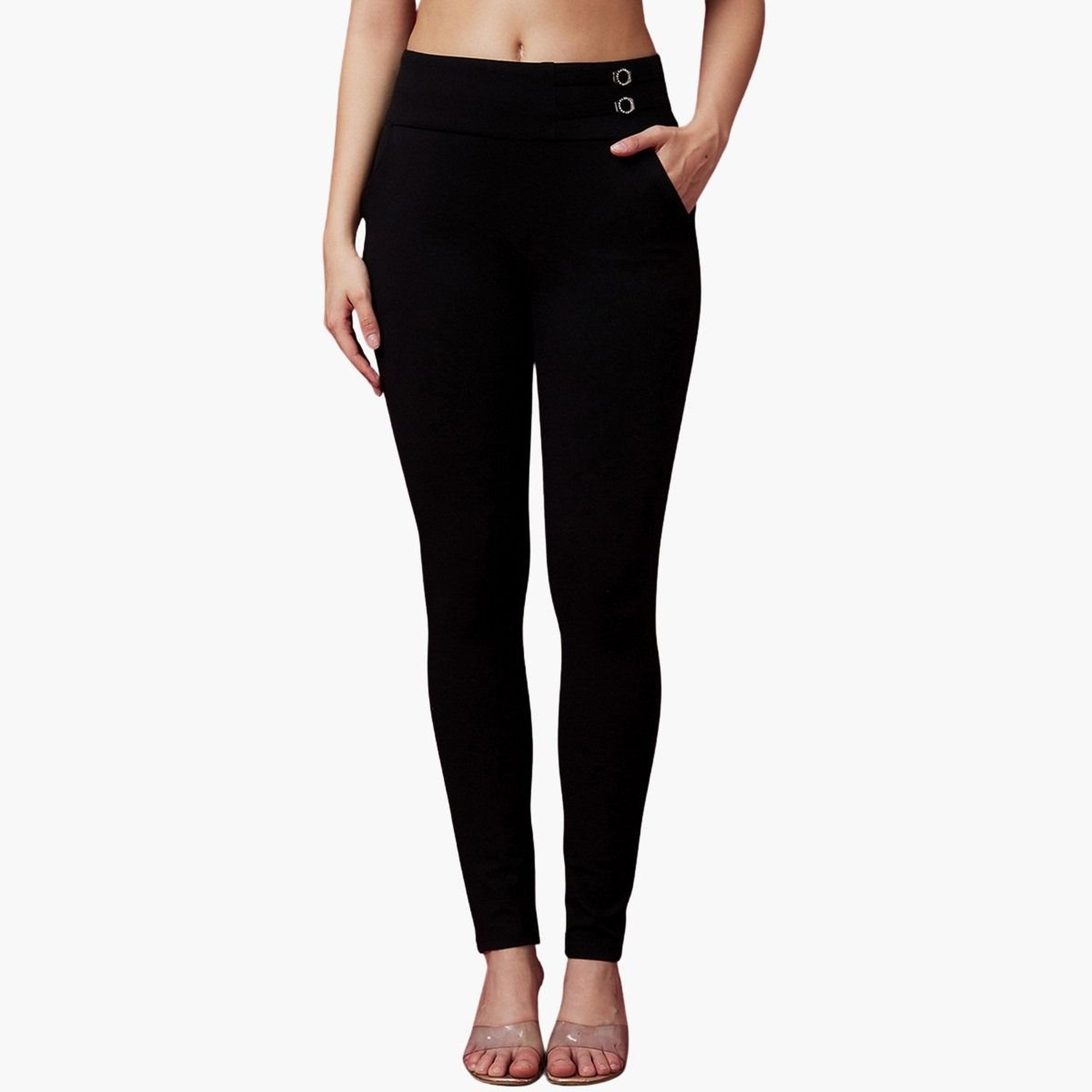 غلوبوس × ستايلي - بنطال رياضي ضيق أسود قماش قابل للتمدد خصر متوسط الارتفاع للنساء-women-clothing-bottoms-trousers-image-1