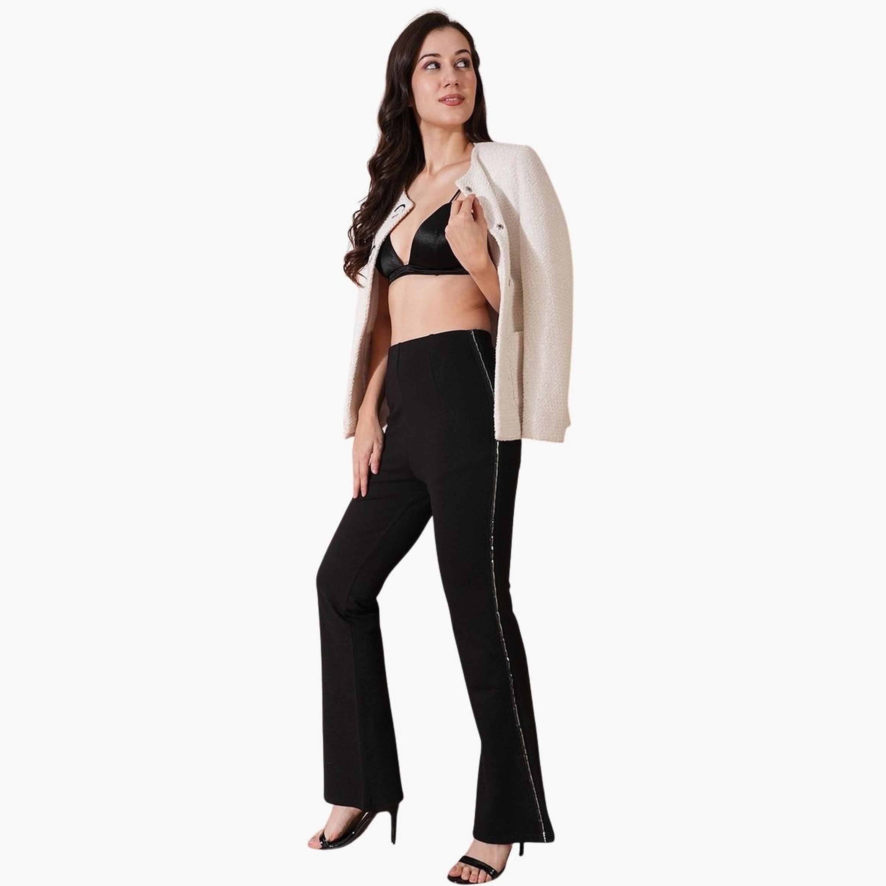 غلوبوس × ستايلي - بنطال رياضي أسود قماش قابل للتمدد ومزين من الجانب للنساء-women-clothing-bottoms-trousers-image-2