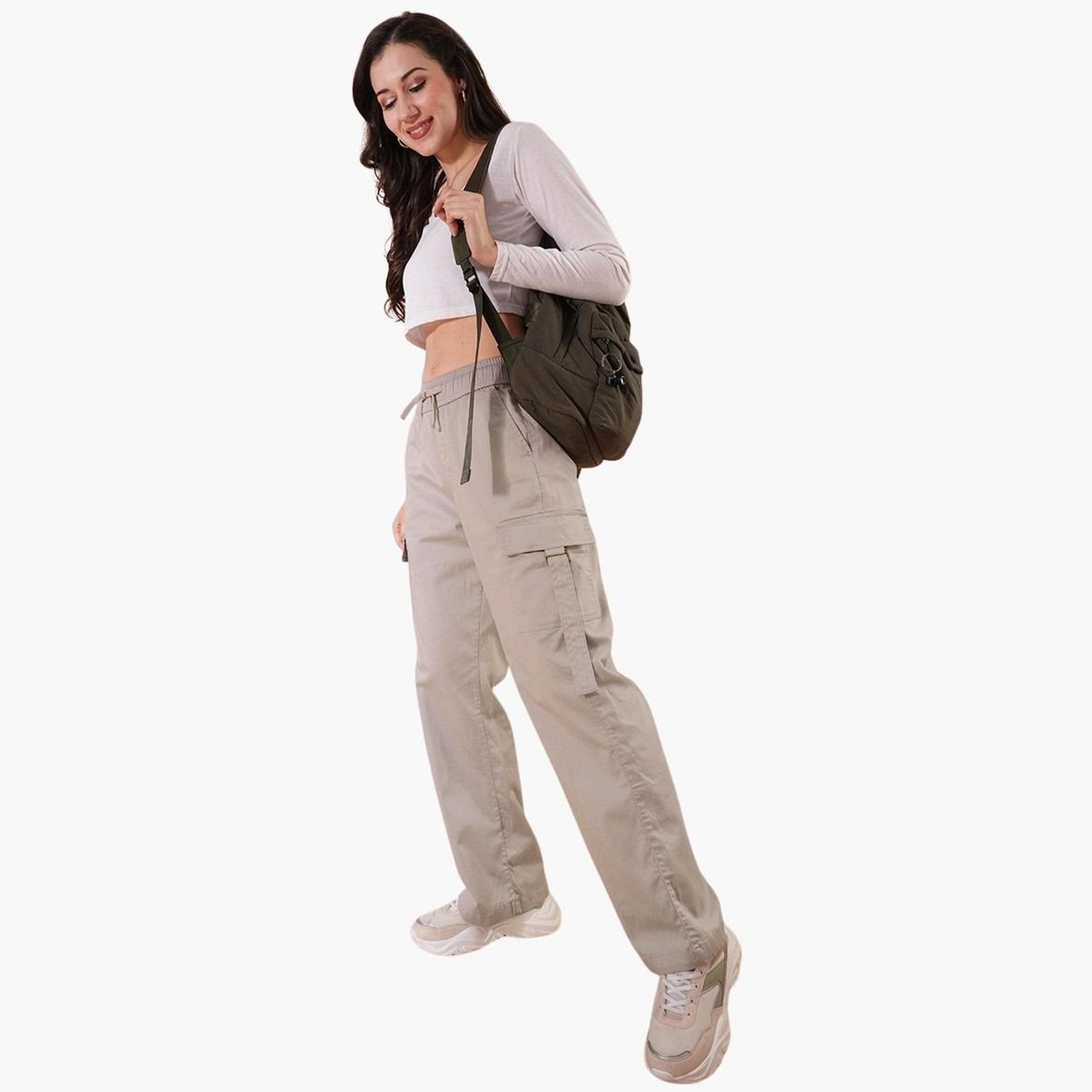 غلوبوس × ستايلي - بنطال كارغو رمادي قطني خصر متوسط الارتفاع وواسع الساق للنساء-women-clothing-bottoms-trousers-image-2