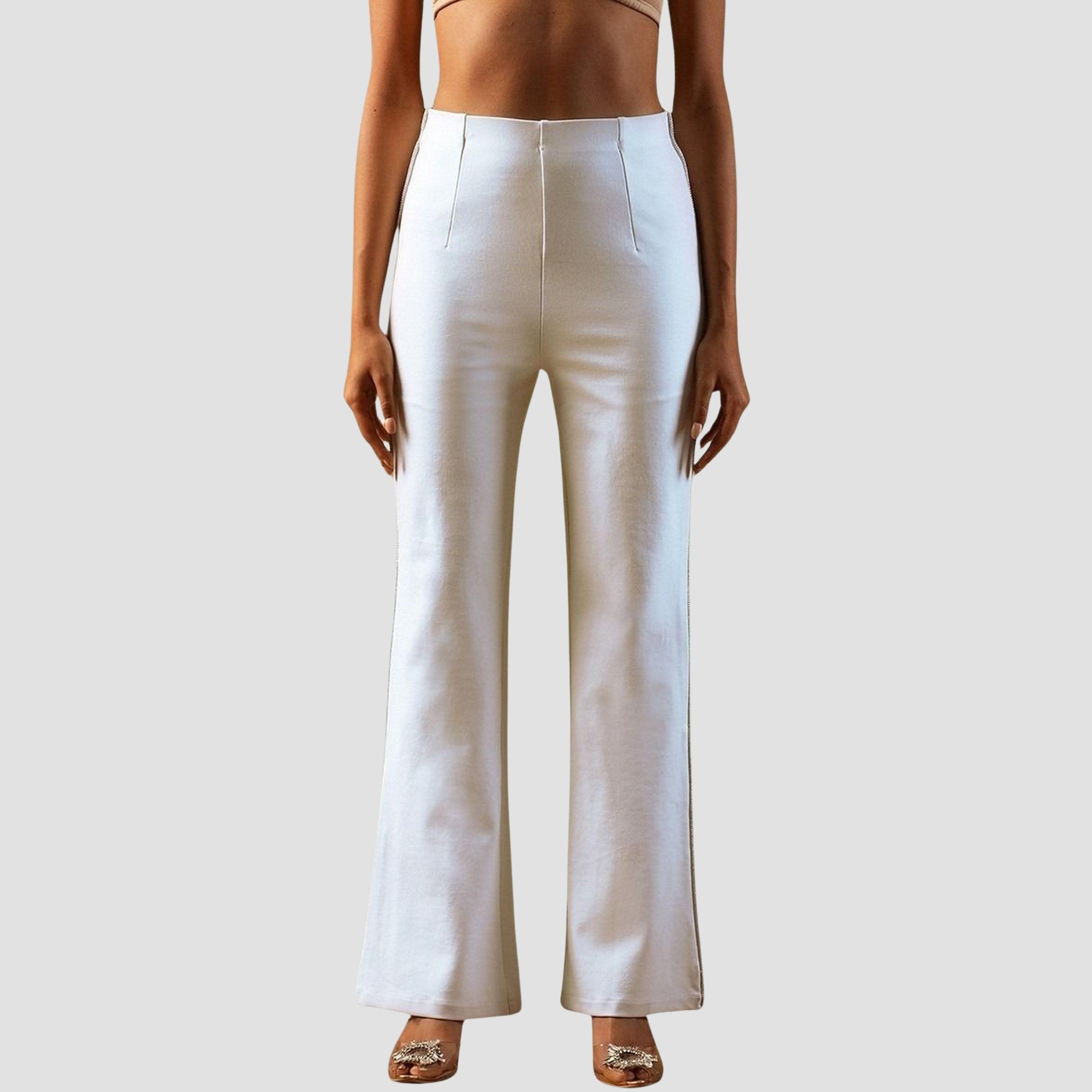غلوبوس × ستايلي - بنطال رياضي أبيض قماش قابل للتمدد ومزين من الجانب للنساء-women-clothing-bottoms-trousers-image-1