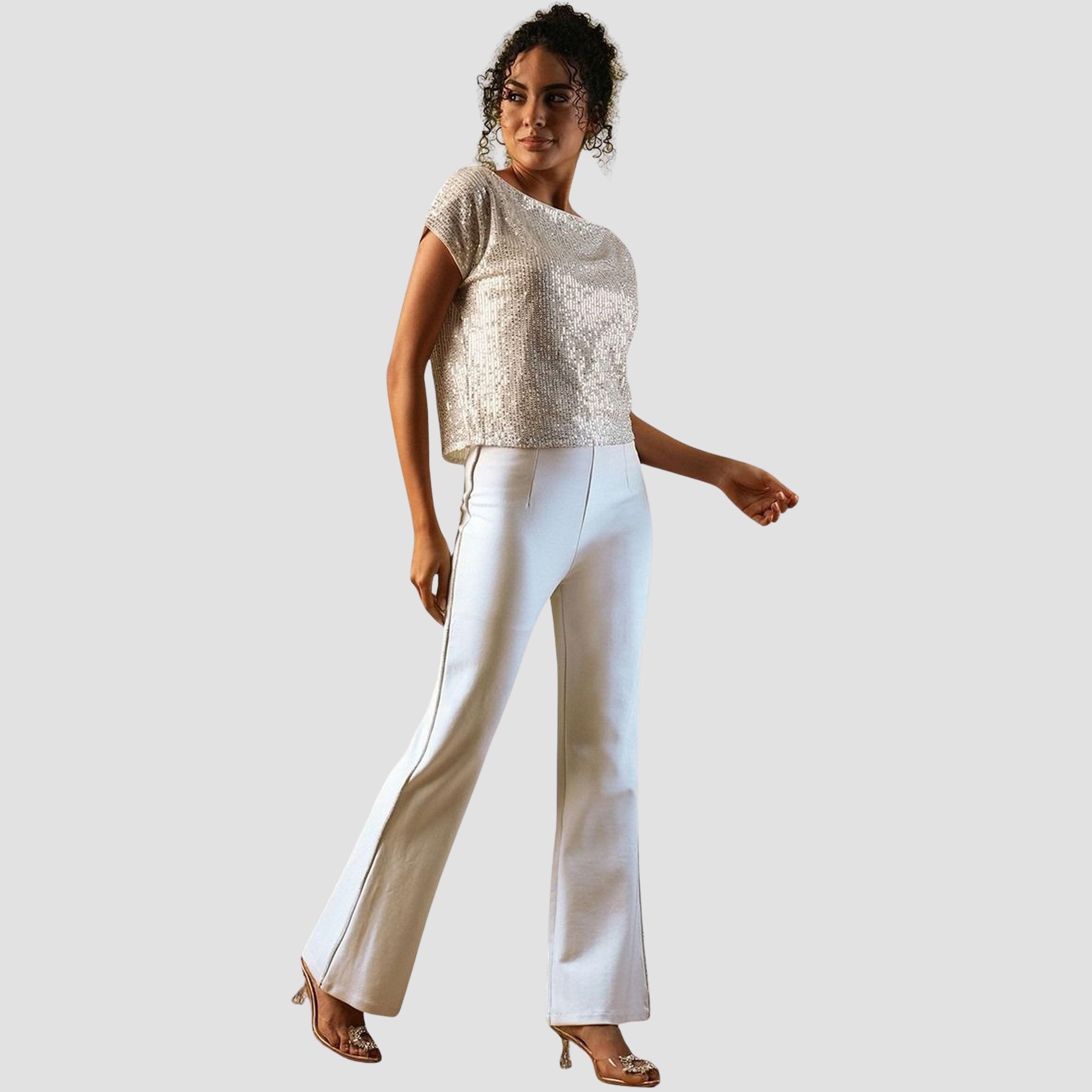 Globus X Styli Women White Stretchable Side Embellished Flared Treggings-women-clothing-bottoms-trousers-image-2