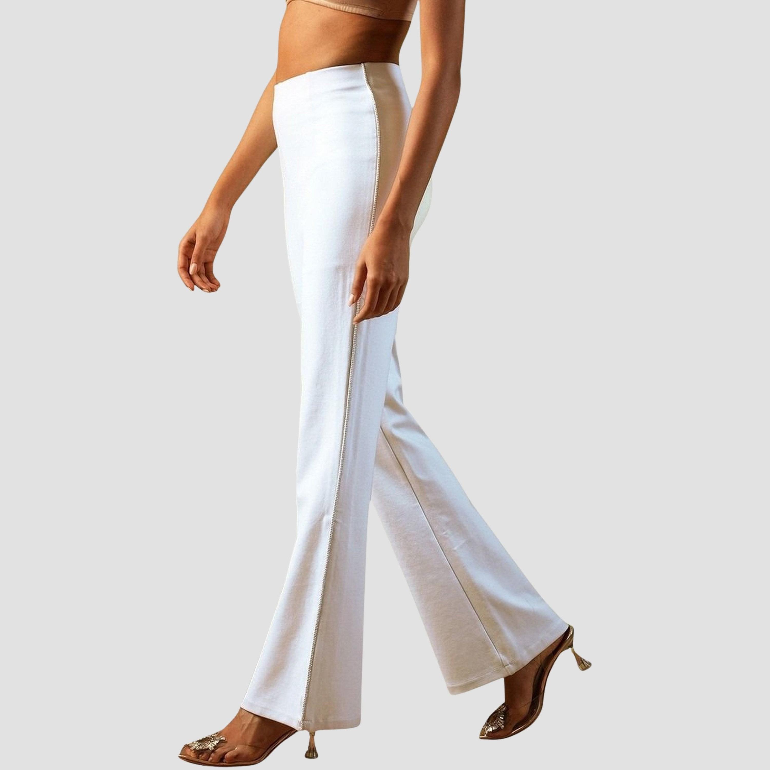 غلوبوس × ستايلي - بنطال رياضي أبيض قماش قابل للتمدد ومزين من الجانب للنساء-women-clothing-bottoms-trousers-image-3