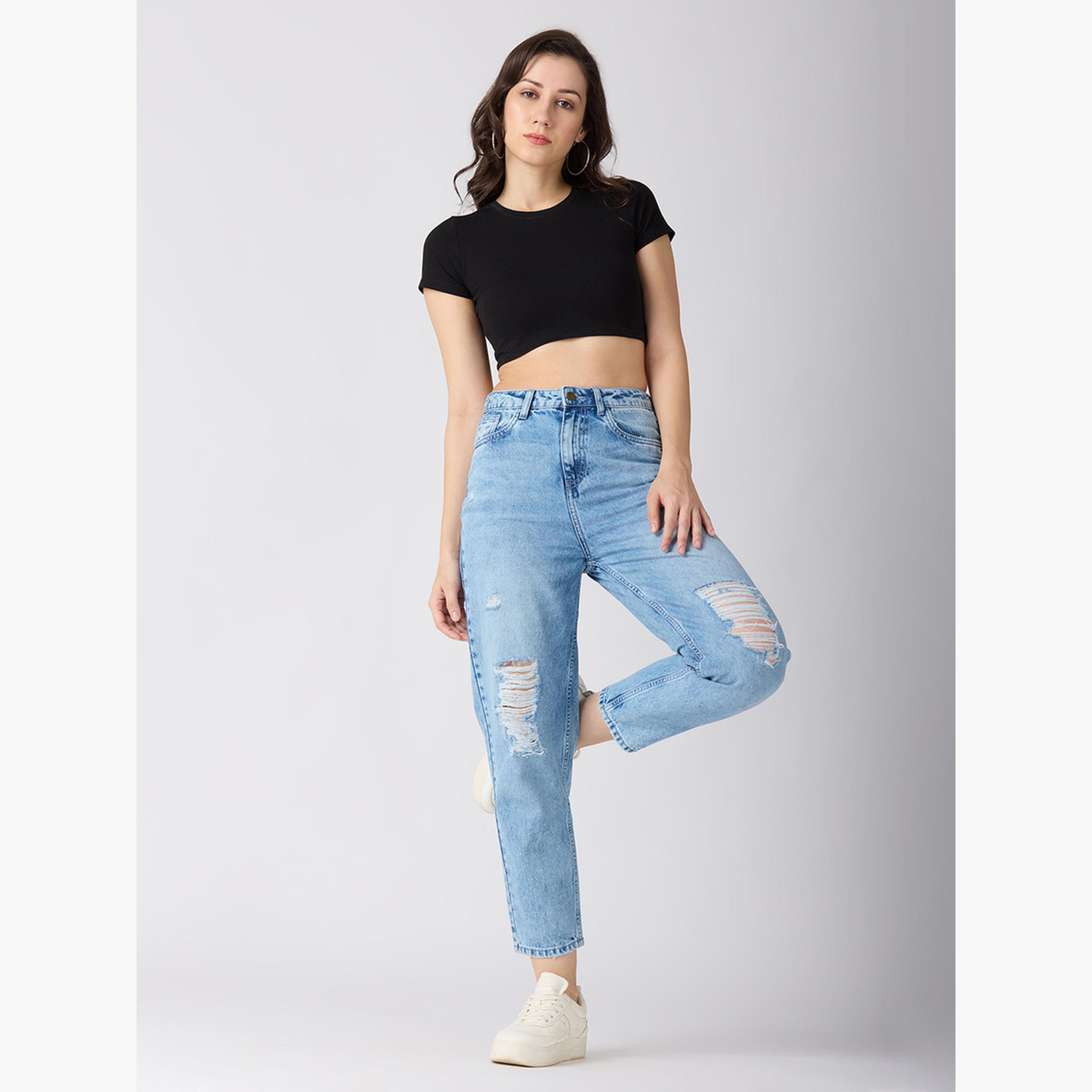 غلوبوس × ستايلي - بنطال جينز ممزق خصر متوسط الارتفاع لون أزرق فاتح للنساء-women-clothing-bottoms-jeans-image-2