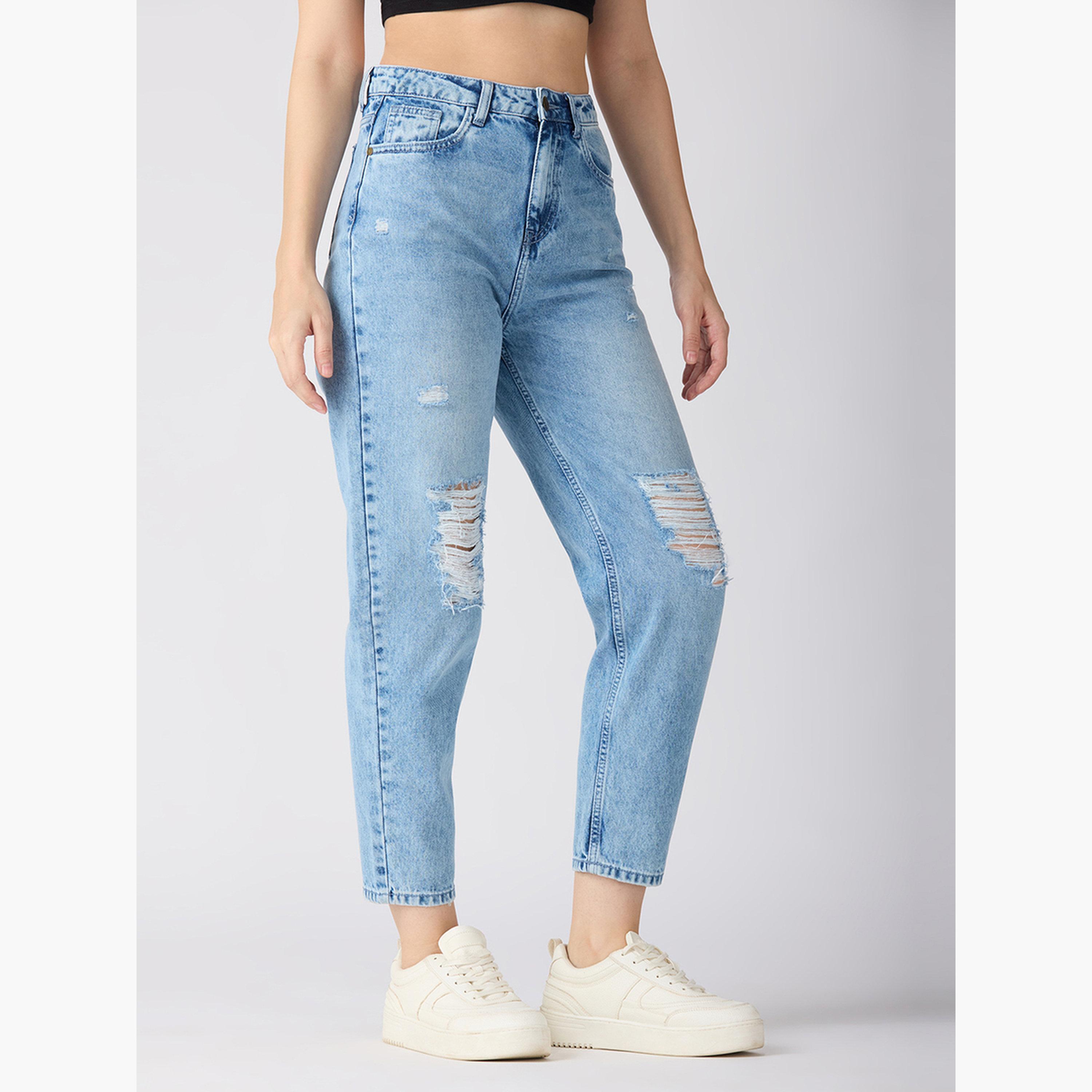 غلوبوس × ستايلي - بنطال جينز ممزق خصر متوسط الارتفاع لون أزرق فاتح للنساء-women-clothing-bottoms-jeans-image-4