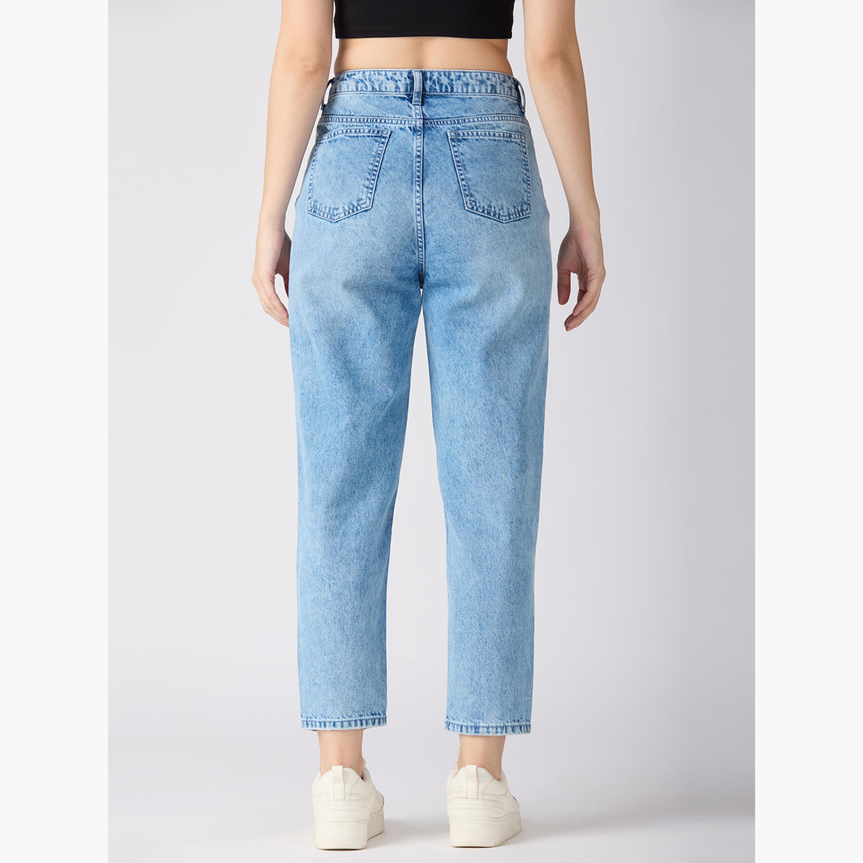 غلوبوس × ستايلي - بنطال جينز ممزق خصر متوسط الارتفاع لون أزرق فاتح للنساء-women-clothing-bottoms-jeans-image-5