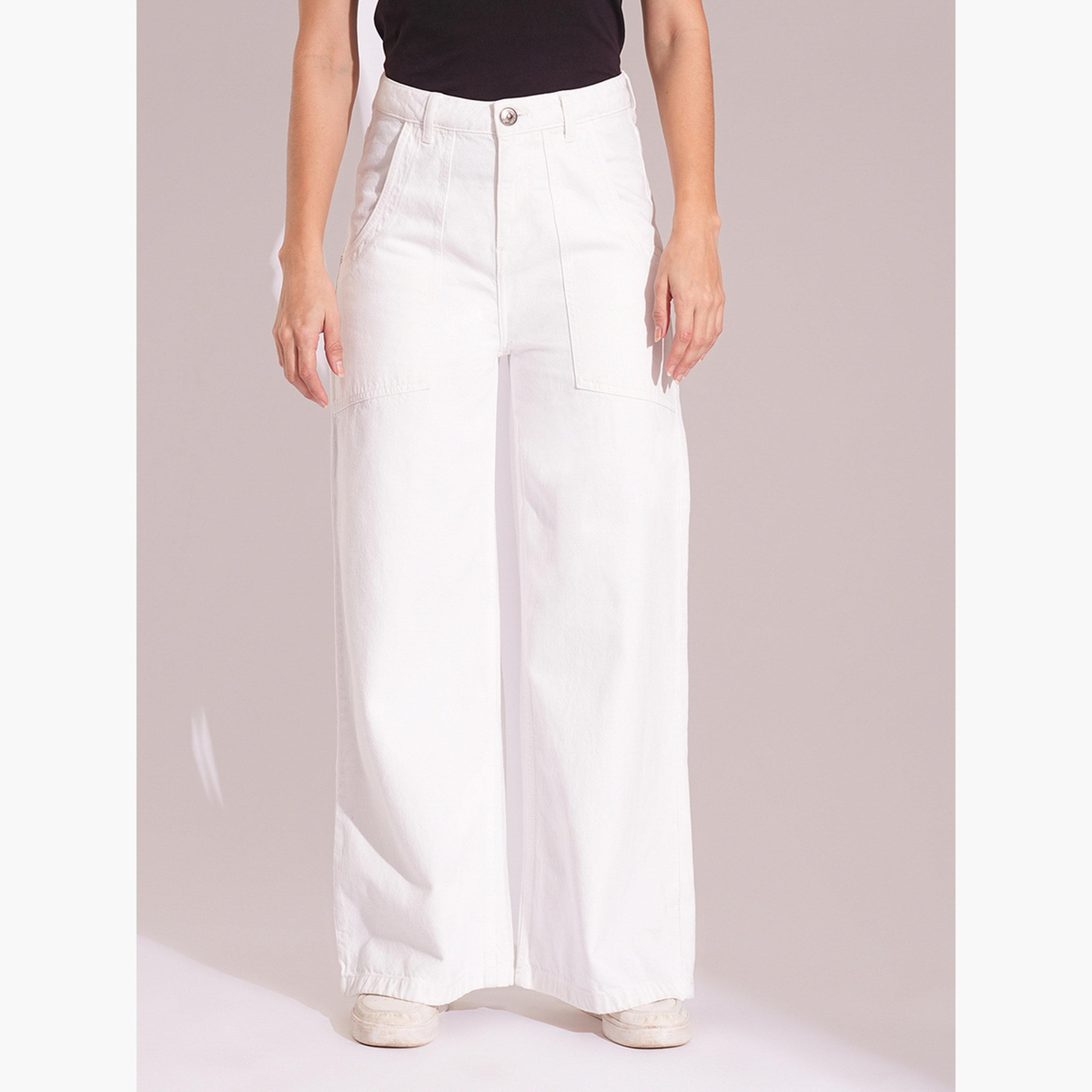 غلوبوس × ستايلي - بنطال جينز أبيض من القطن عالي الخصر وواسع الساق للنساء-women-clothing-bottoms-jeans-image-1