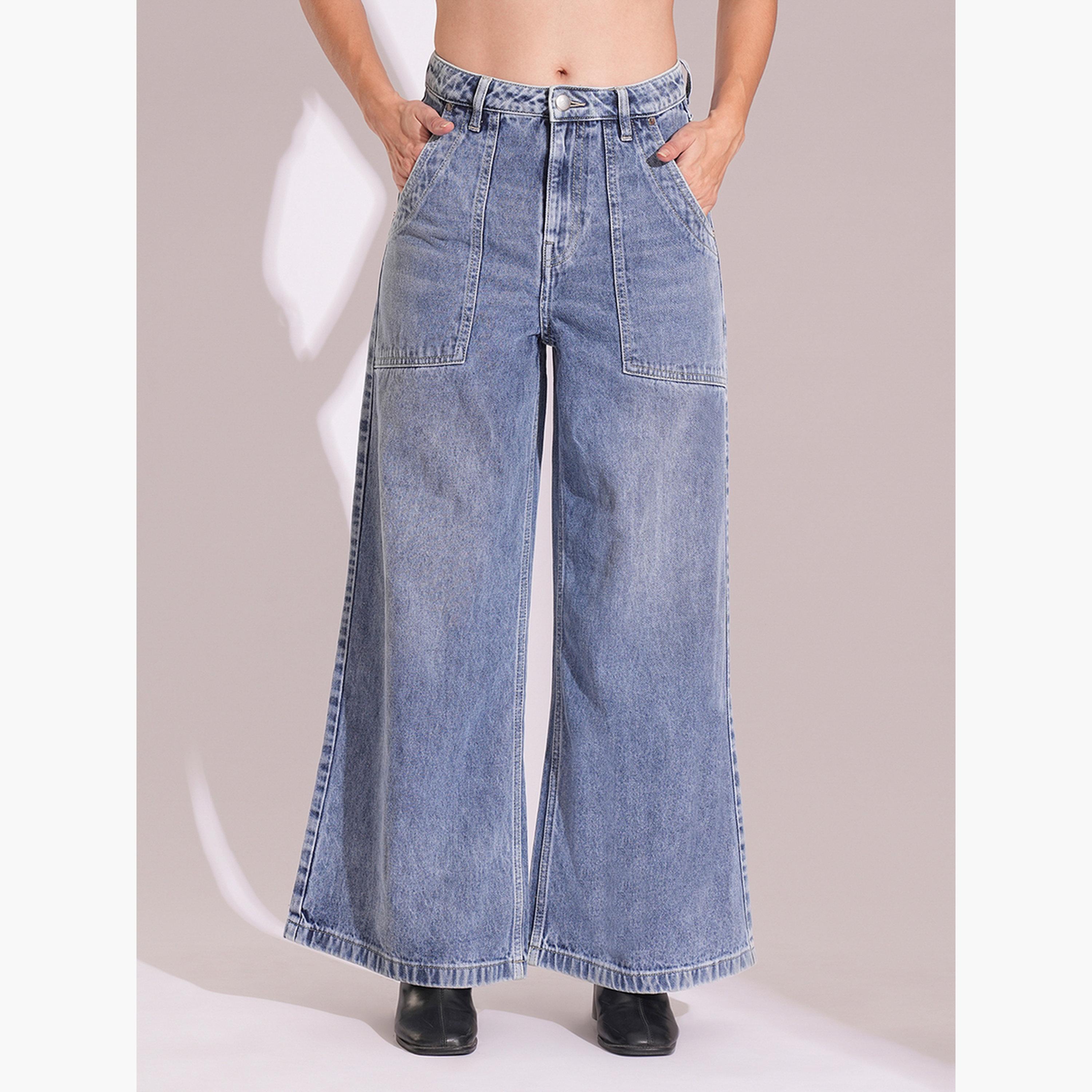 غلوبوس × ستايلي - بنطال جينز باهت واسع الساق من القطن لون أزرق فاتح للنساء-women-clothing-bottoms-jeans-image-1