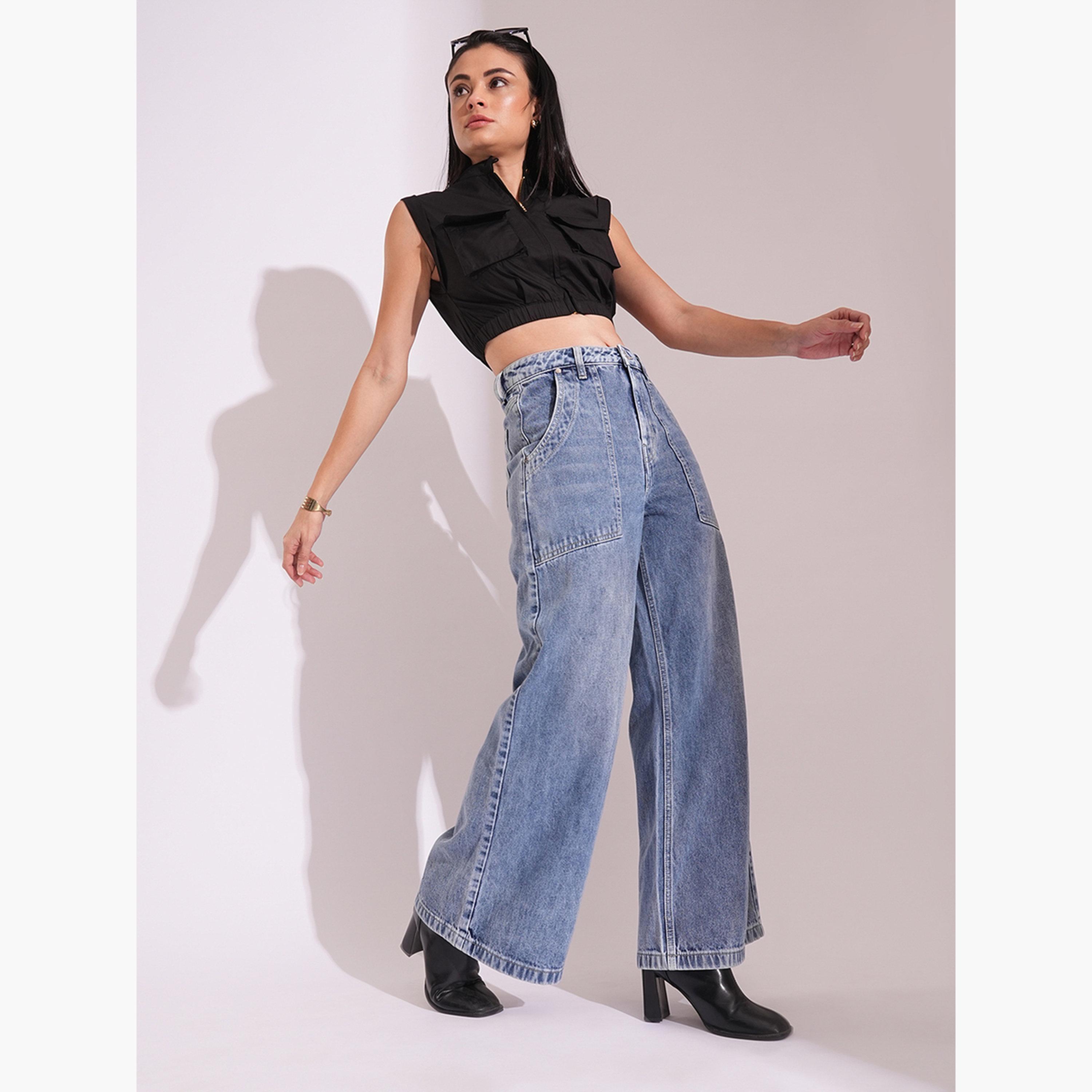 Globus X Styli Women Light Blue Cotton Wide Leg Faded Jeans-women-clothing-bottoms-jeans-image-2