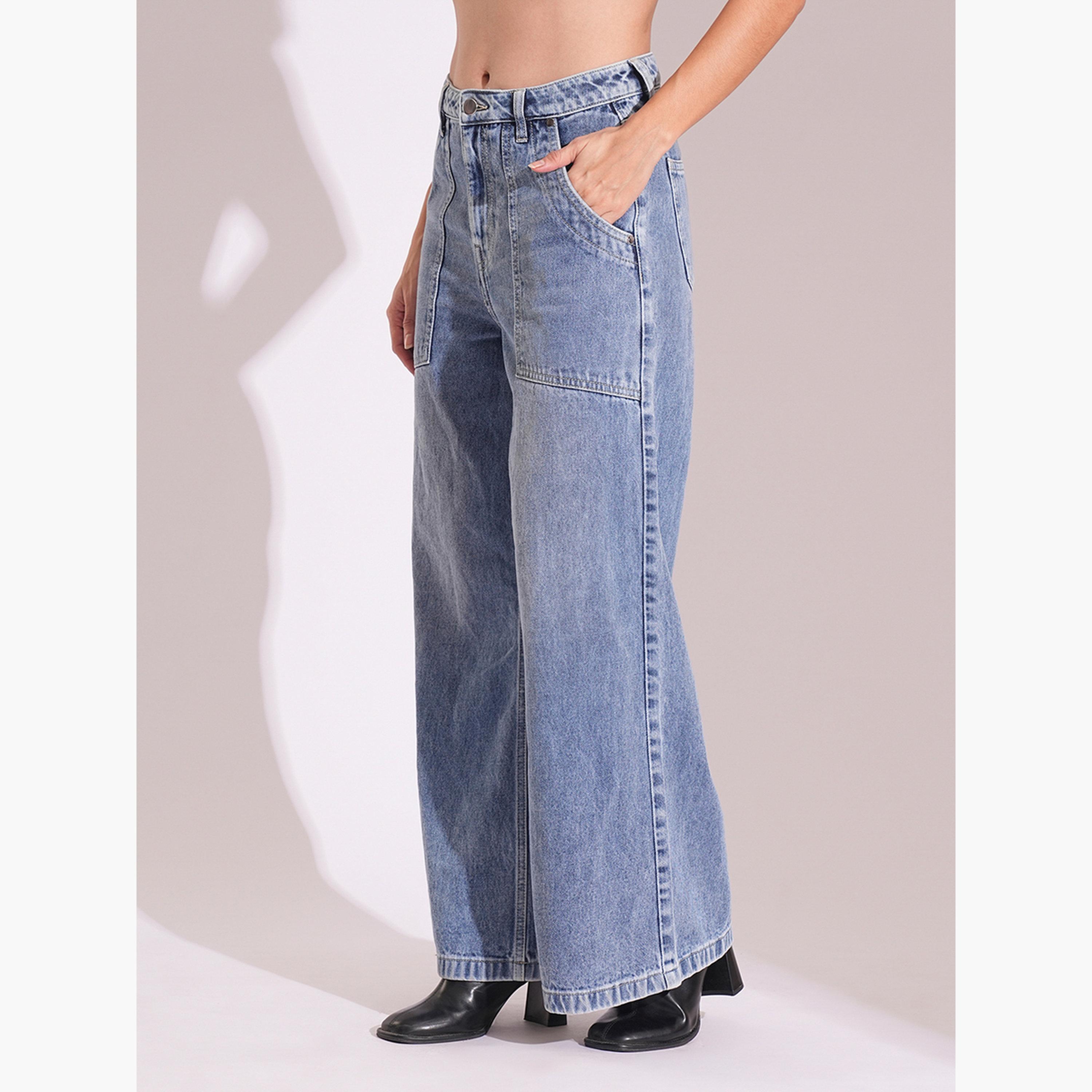 Globus X Styli Women Light Blue Cotton Wide Leg Faded Jeans-women-clothing-bottoms-jeans-image-3
