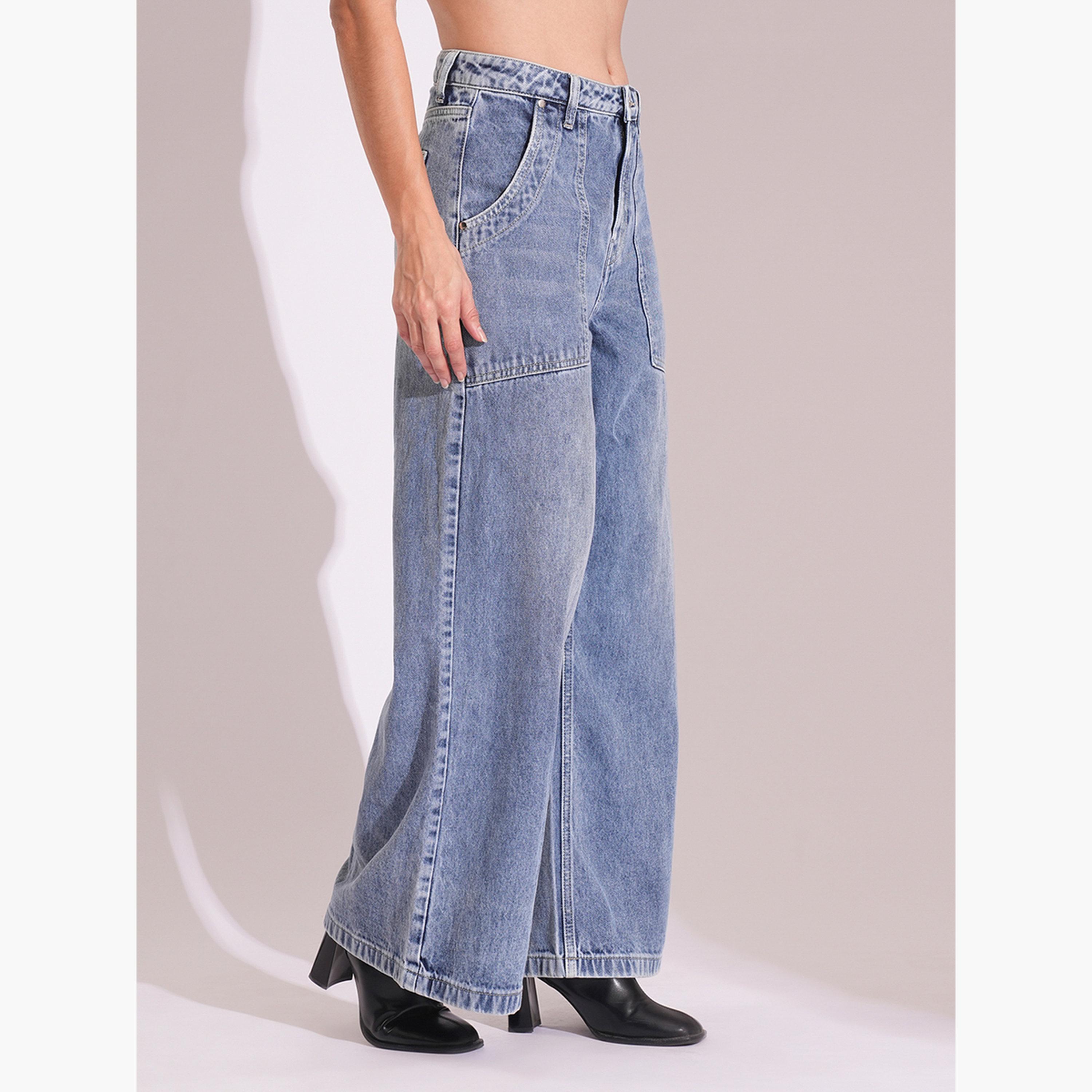 غلوبوس × ستايلي - بنطال جينز باهت واسع الساق من القطن لون أزرق فاتح للنساء-women-clothing-bottoms-jeans-image-4