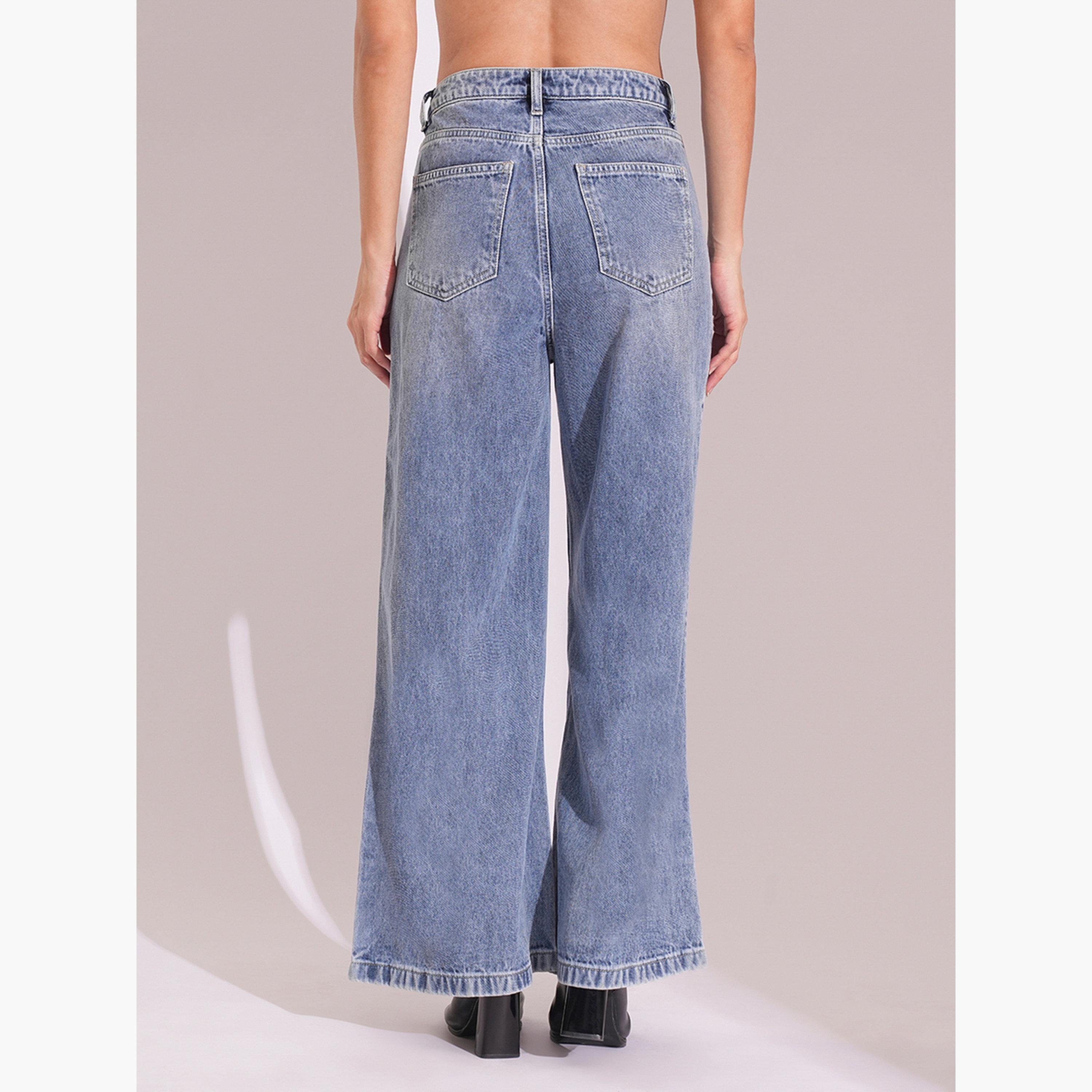 غلوبوس × ستايلي - بنطال جينز باهت واسع الساق من القطن لون أزرق فاتح للنساء-women-clothing-bottoms-jeans-image-5