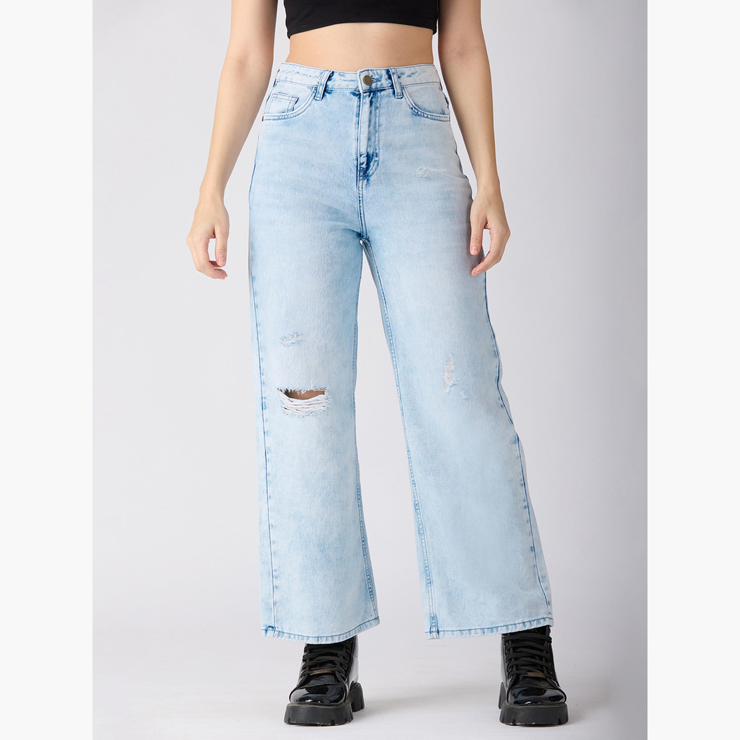 Globus X Styli Women Light Blue Cotton Distress Wide Leg Jeans-women-clothing-bottoms-jeans-image-1