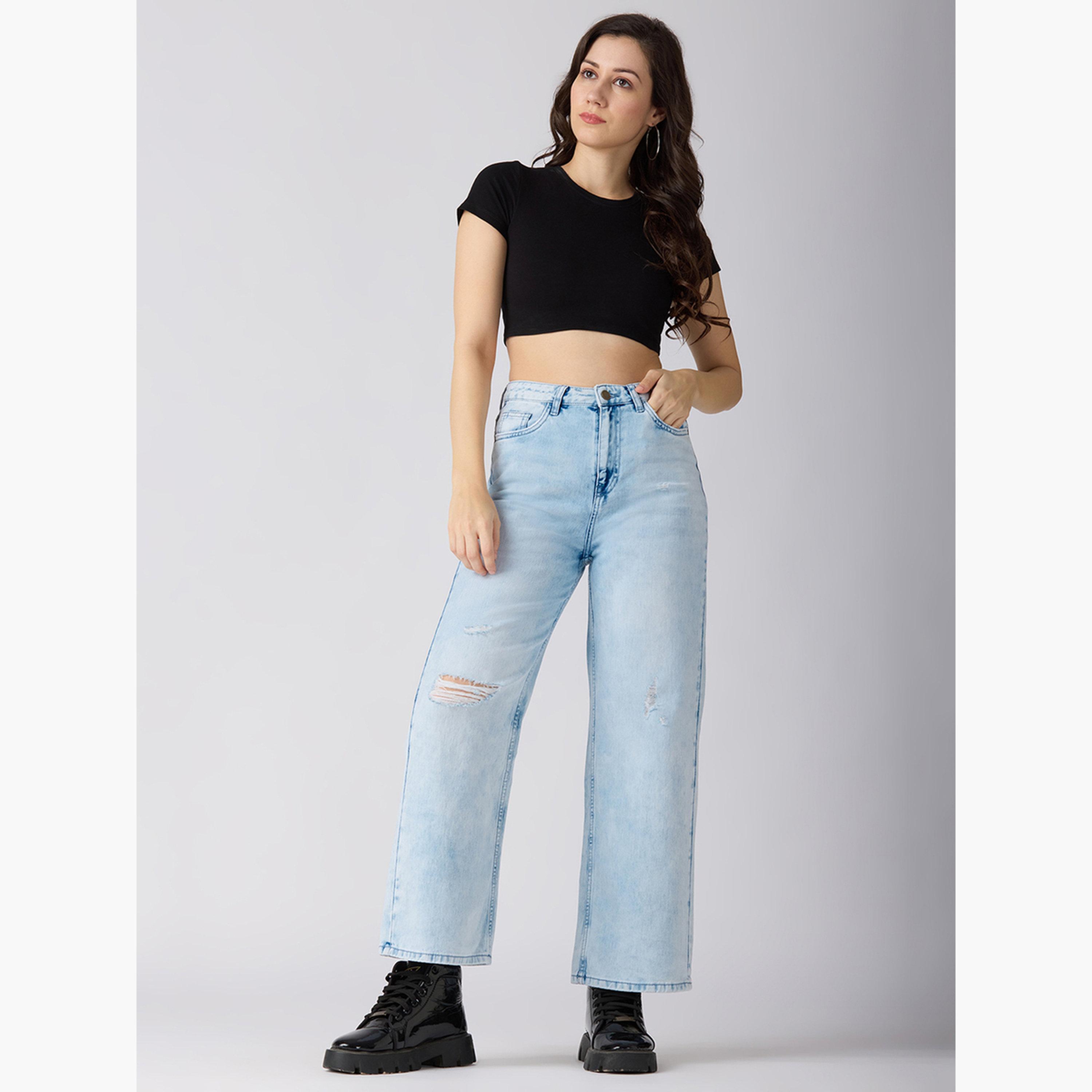 غلوبوس × ستايلي - بنطال جينز واسع الساق من القطن لون أزرق فاتح للنساء-women-clothing-bottoms-jeans-image-2