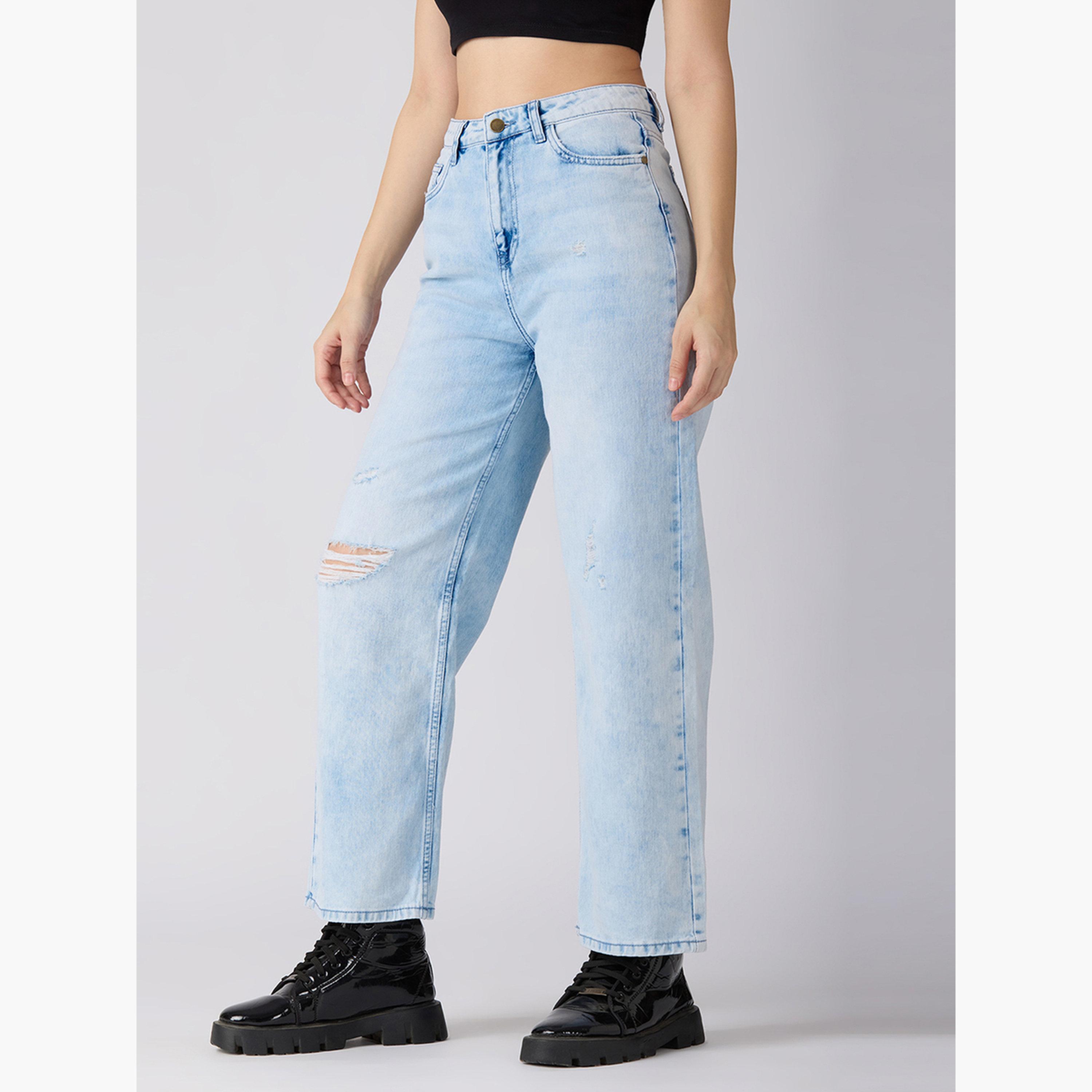 Globus X Styli Women Light Blue Cotton Distress Wide Leg Jeans-women-clothing-bottoms-jeans-image-3