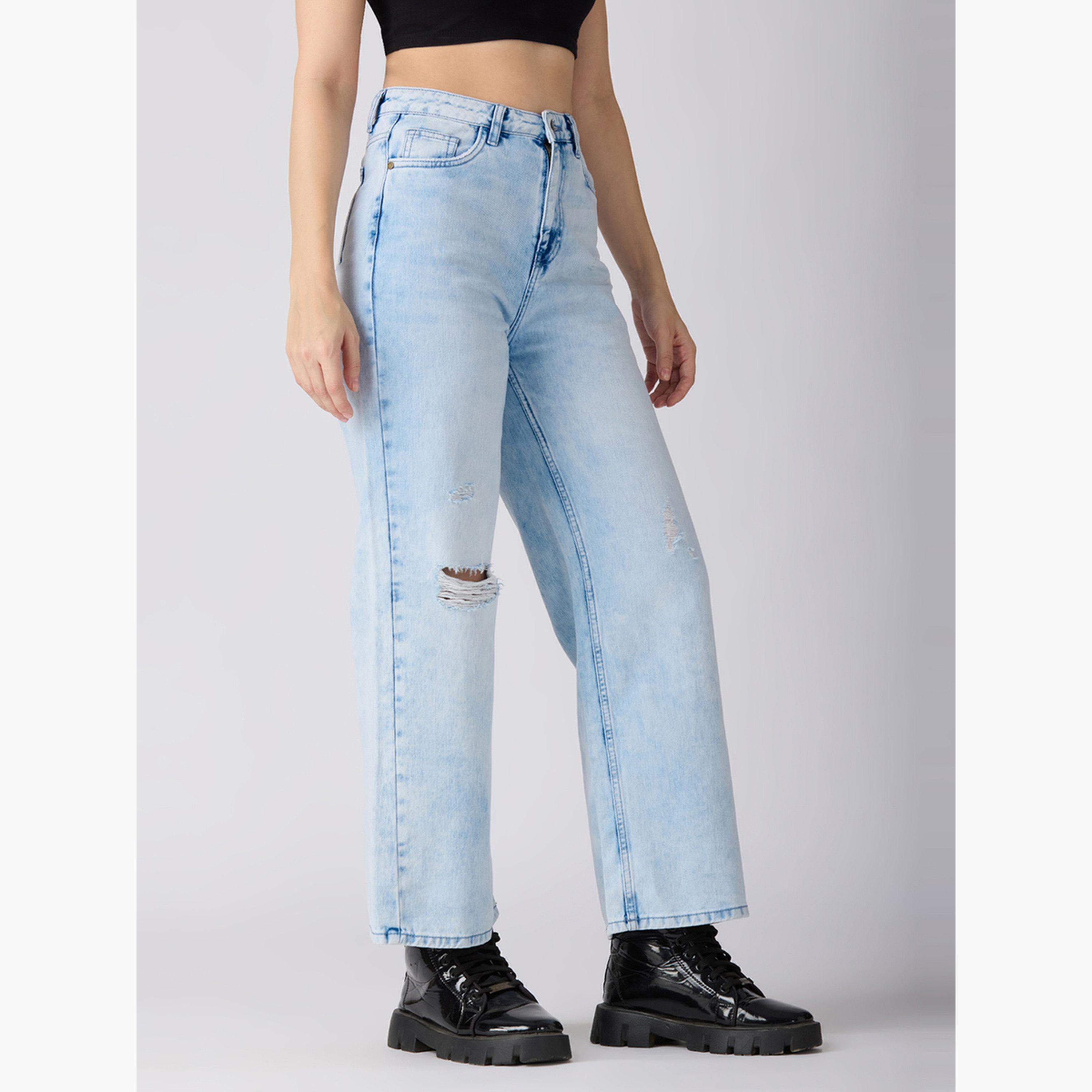 Globus X Styli Women Light Blue Cotton Distress Wide Leg Jeans-women-clothing-bottoms-jeans-image-4