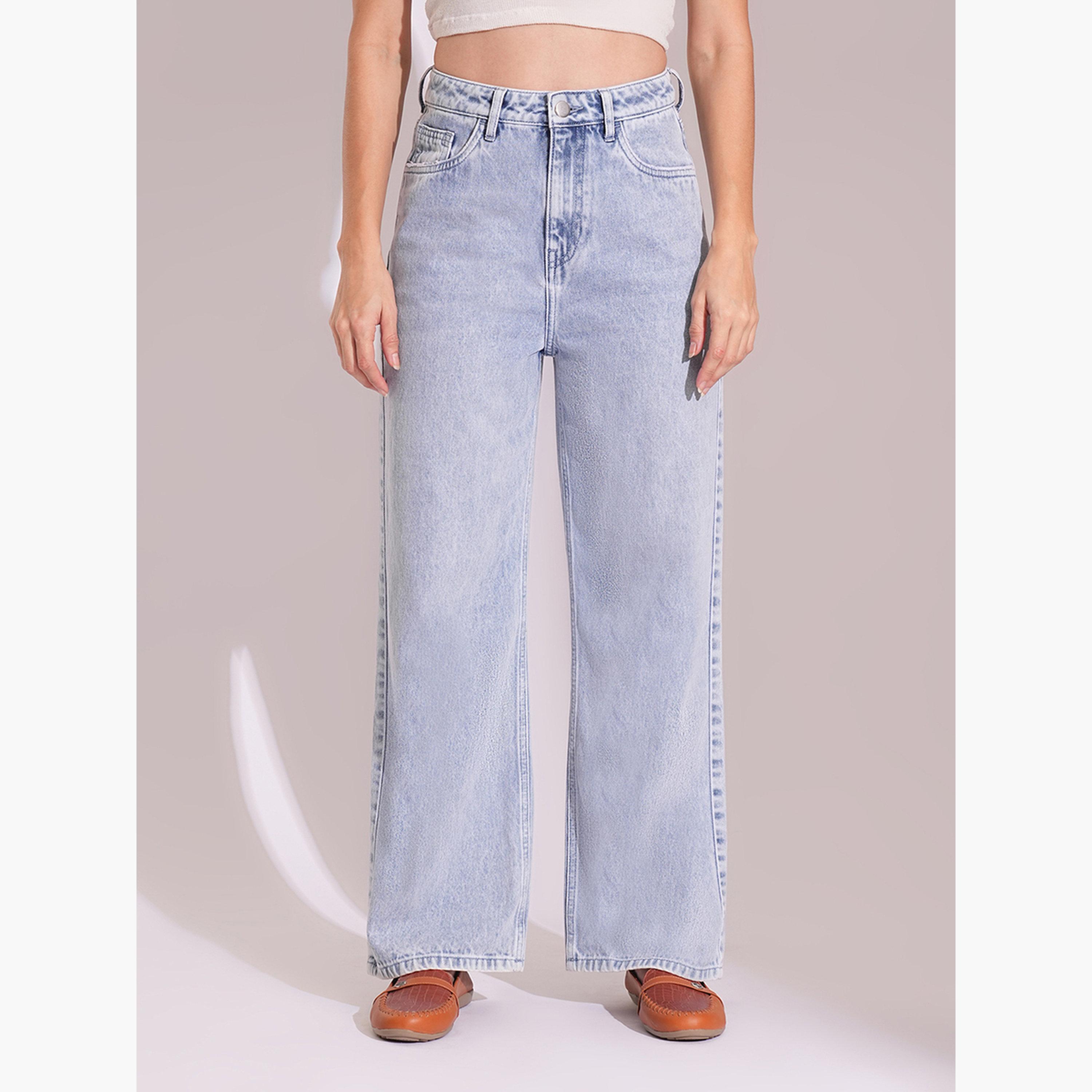 غلوبوس × ستايلي - بنطال جينز مستقيم الساق خصر متوسط الارتفاع لون فاتح للنساء-women-clothing-bottoms-jeans-image-1